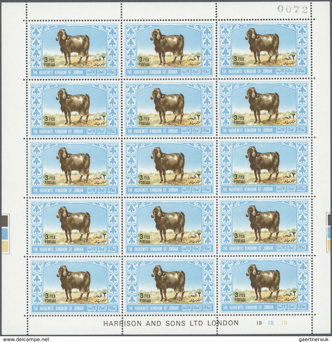 ** Jordanien: 1967, Animals, perforated, complete set of six values as sheets of 15 stamps with printer