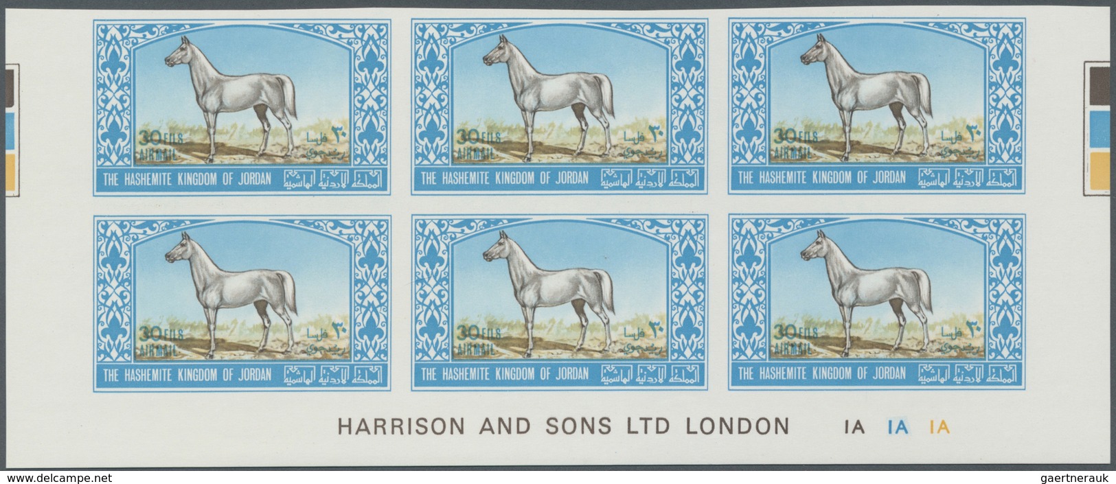 ** Jordanien: 1967, Animals, Imperforate, Complete Set Of Six Values As Marginal Plate Blocks Of Six, U - Jordanië