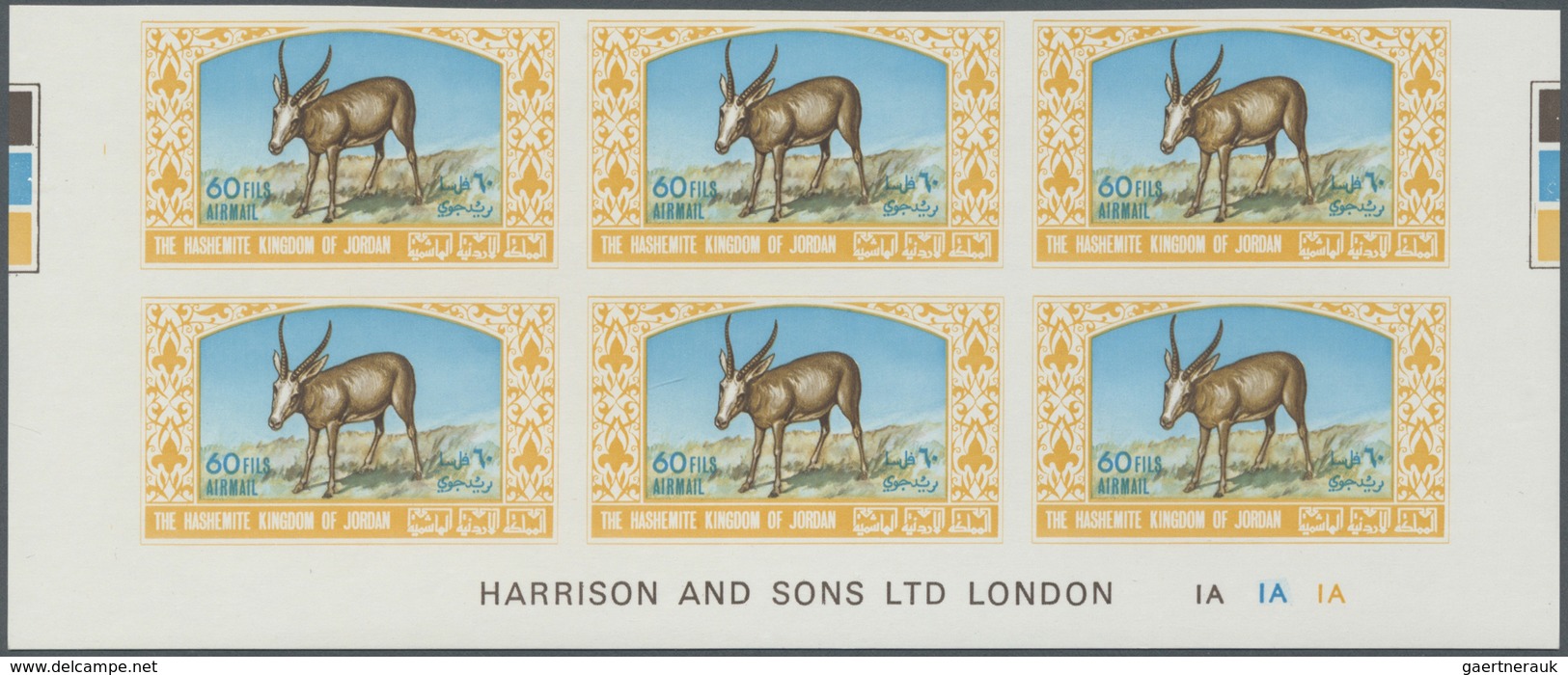 ** Jordanien: 1967, Animals, imperforate, complete set of six values as marginal plate blocks of six, u