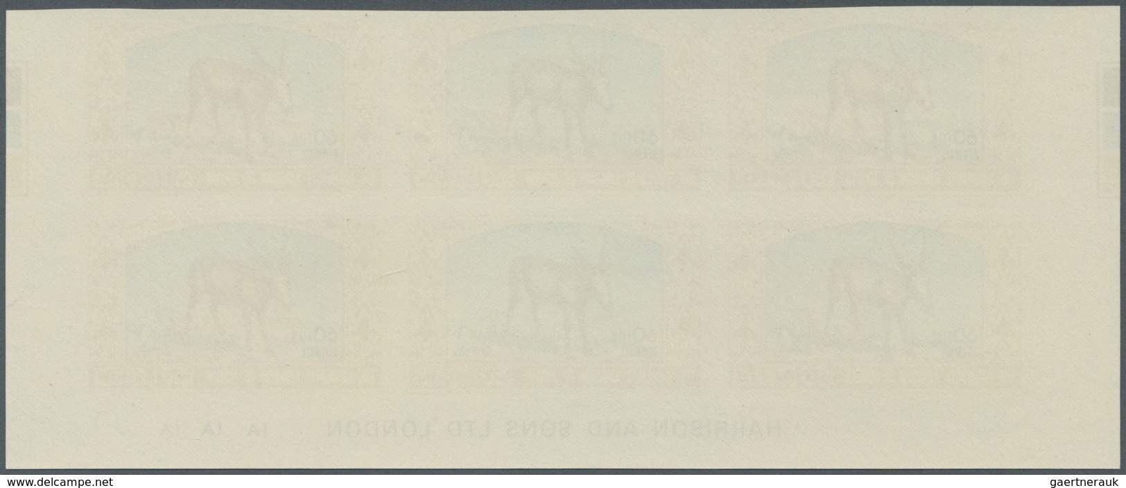 ** Jordanien: 1967, Animals, imperforate, complete set of six values as marginal plate blocks of six, u