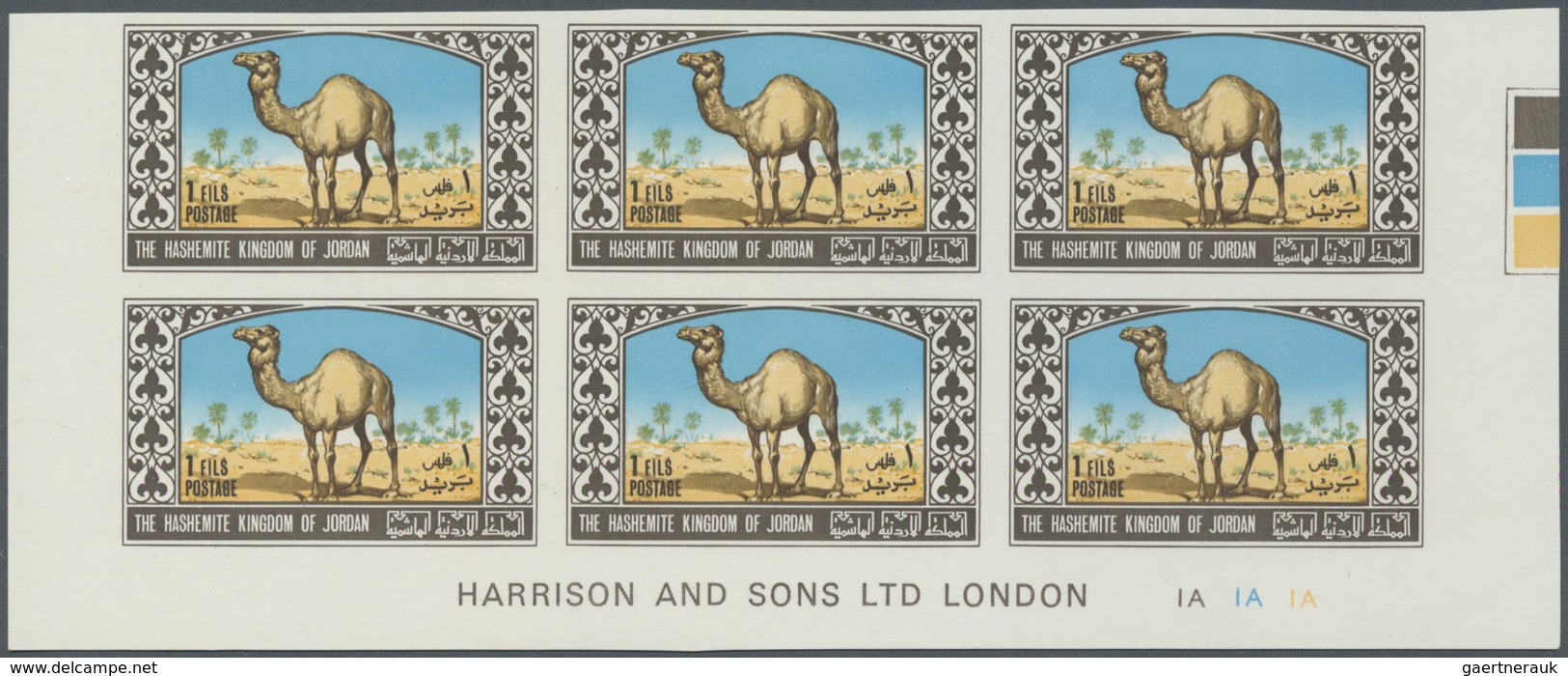 ** Jordanien: 1967, Animals, imperforate, complete set of six values as marginal plate blocks of six, u