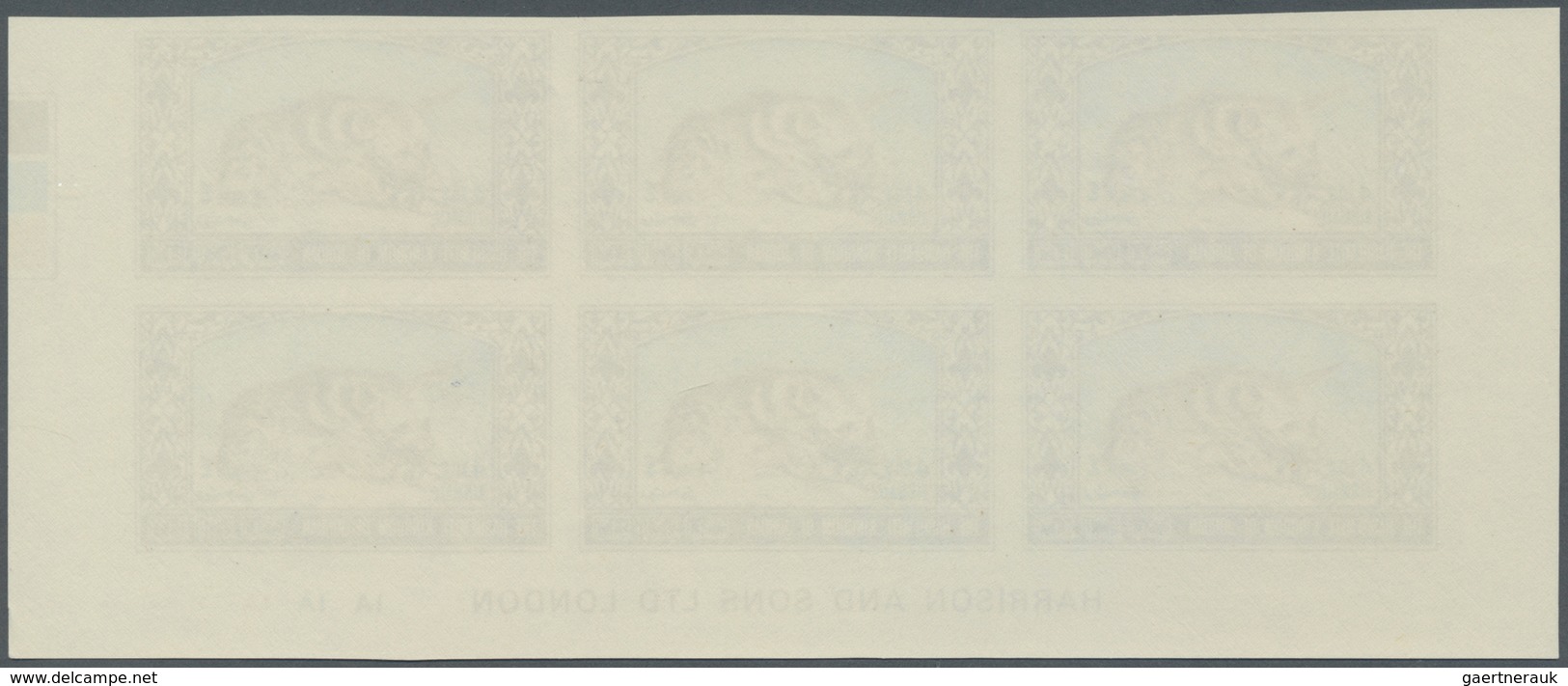 ** Jordanien: 1967, Animals, imperforate, complete set of six values as marginal plate blocks of six, u