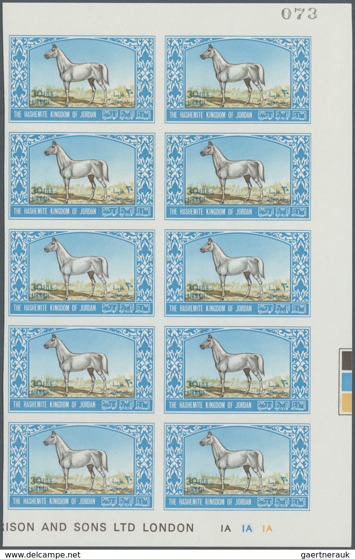 ** Jordanien: 1967, Animals, imperforate, complete set of six values as marginal plate blocks of ten, u