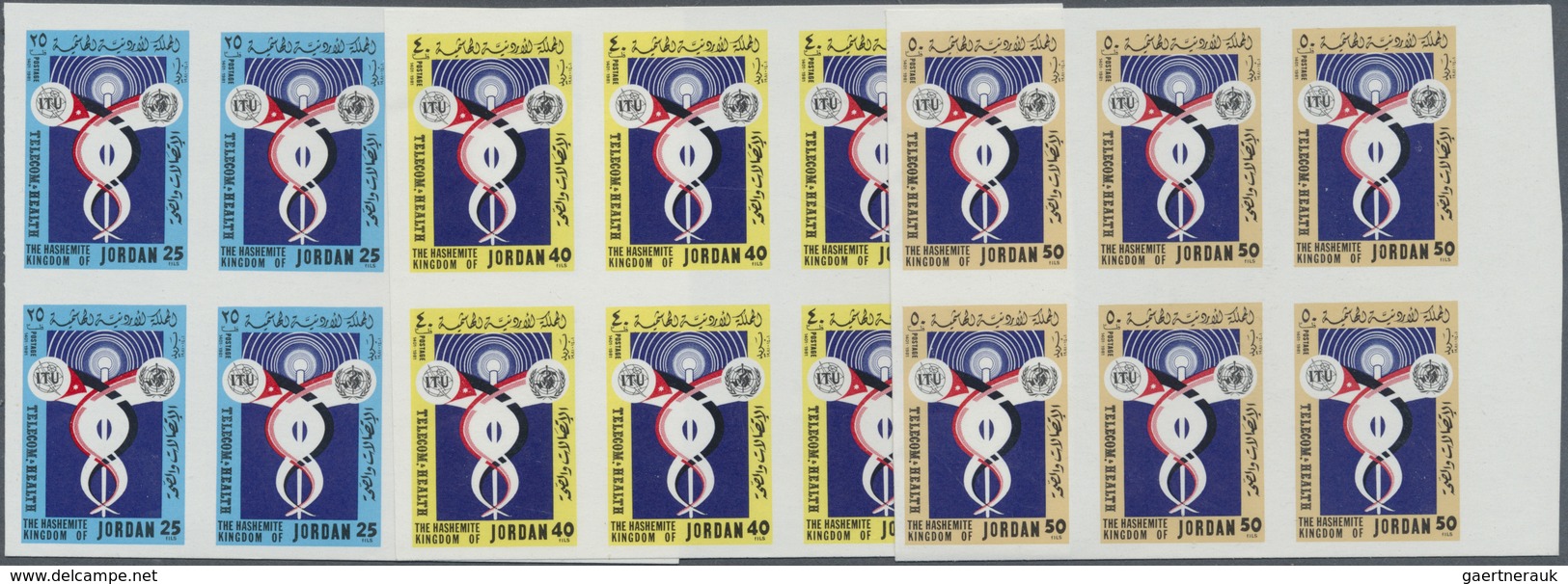 ** Jordanien: 1981, World Telecommunications Day. Lot Of Proofs For The Complete Set (3 Values) In Bloc - Jordan