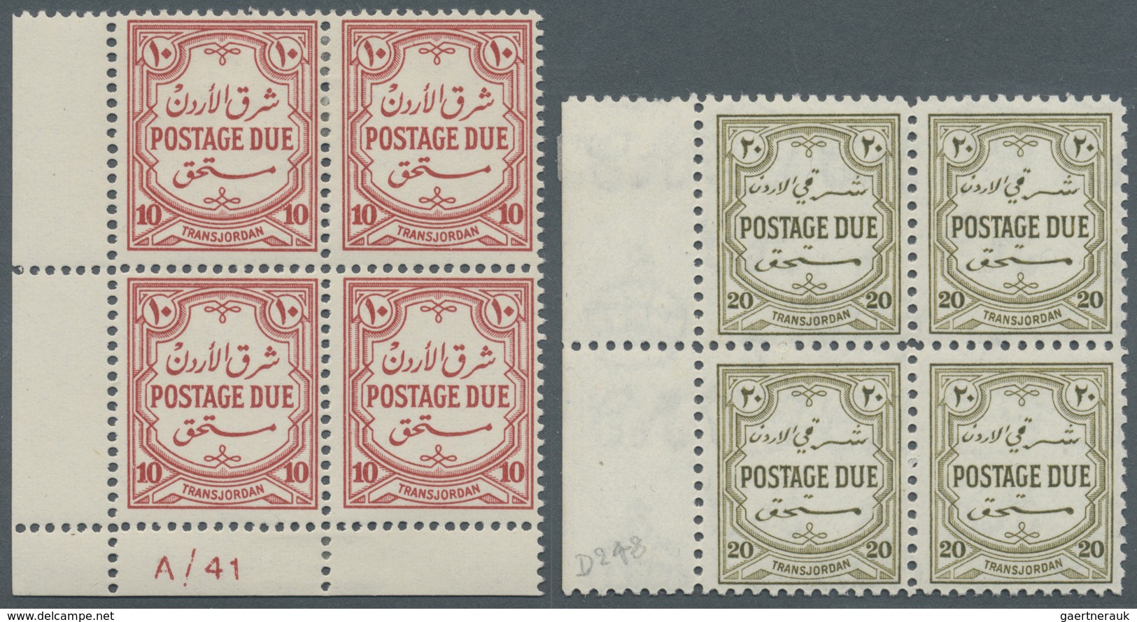 **/*/O Jordanien - Portomarken: 1942/44, Postage Due Stamps, 20 Mills Olive-bistre, Perf 12 Block Of Four A - Jordan