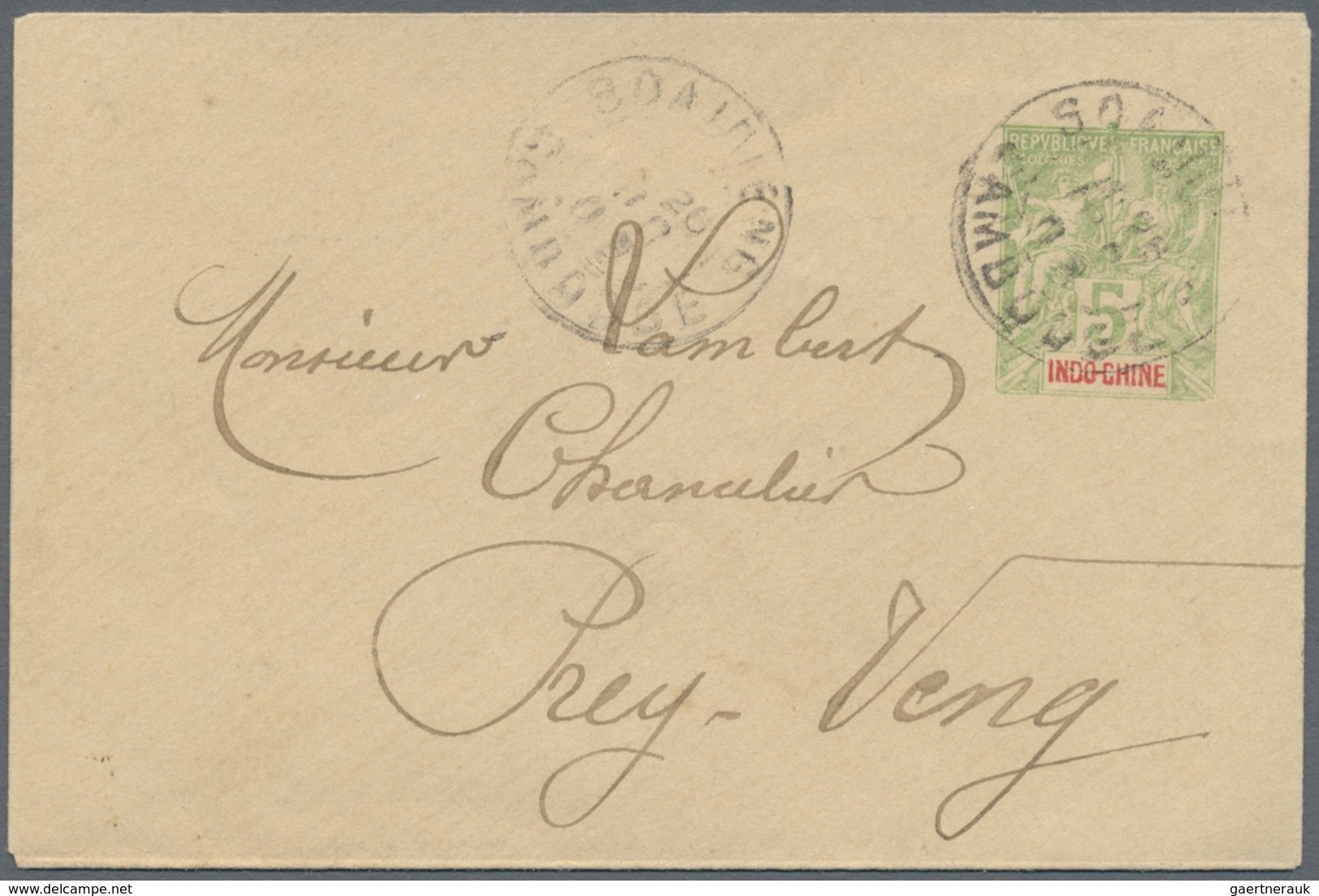 GA Kambodscha: 1903. French Indo-China Postal Stationery Envelope 5c Yellow- Green Cancelled By Soairie - Cambodia