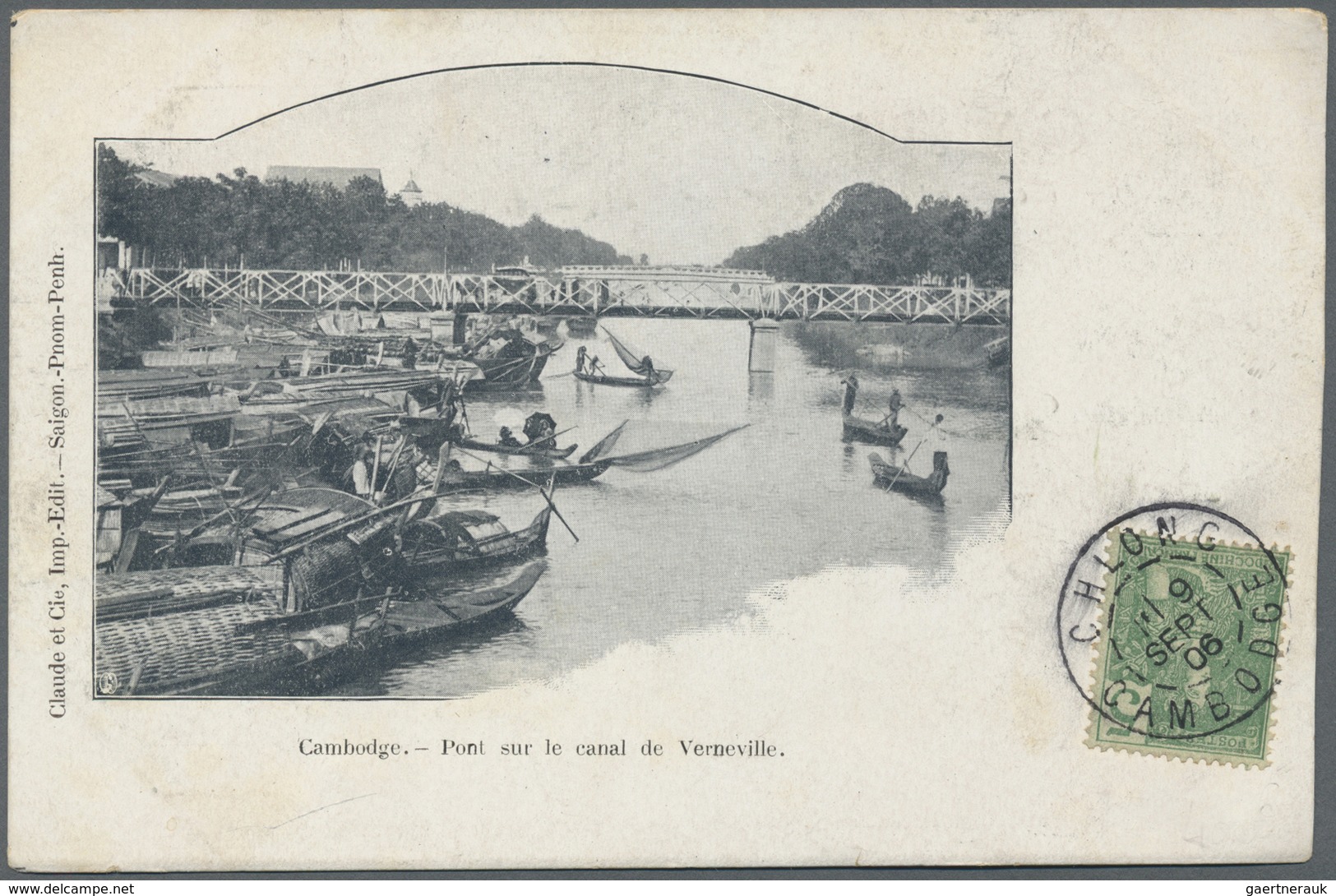 Br Kambodscha: 1904, 5 C Green With Cds CHLONG CAMBODGE, 9 SEPT 06, On Picture Postcard "Pont Sur Le Ca - Cambodja