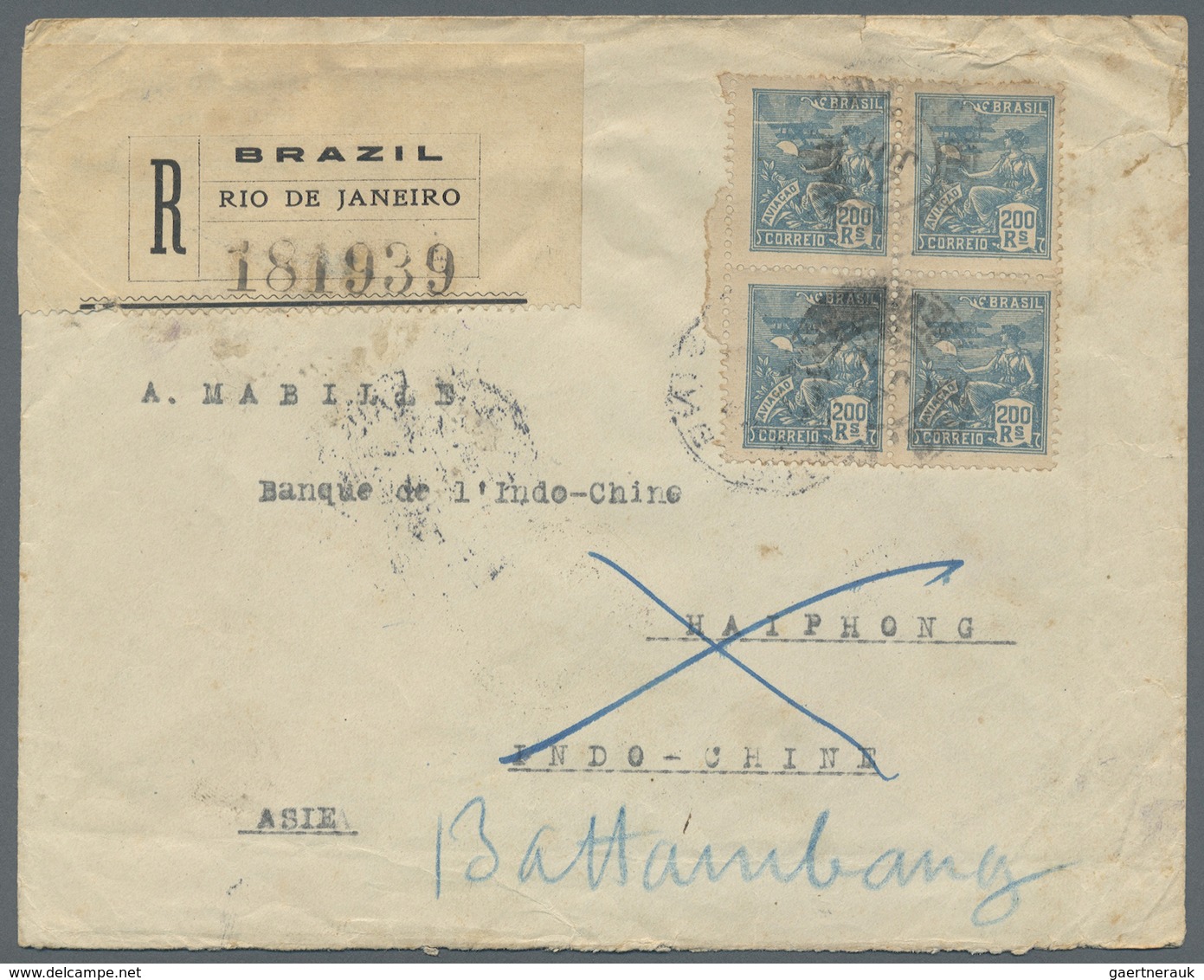 Br/ Kambodscha: 1922. Registered Envelope Addressed To The 'Bank Of Indo-China, Haiphong' Bearing Brazil - Cambodia