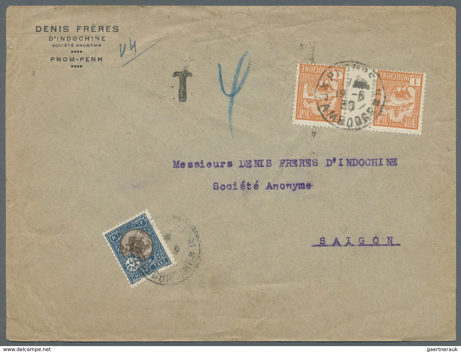 Br Kambodscha: 1930. Envelope Addressed To Saigon Bearing Indo-China SG 140,1c Orange (gutter Pair) Tie - Cambodia