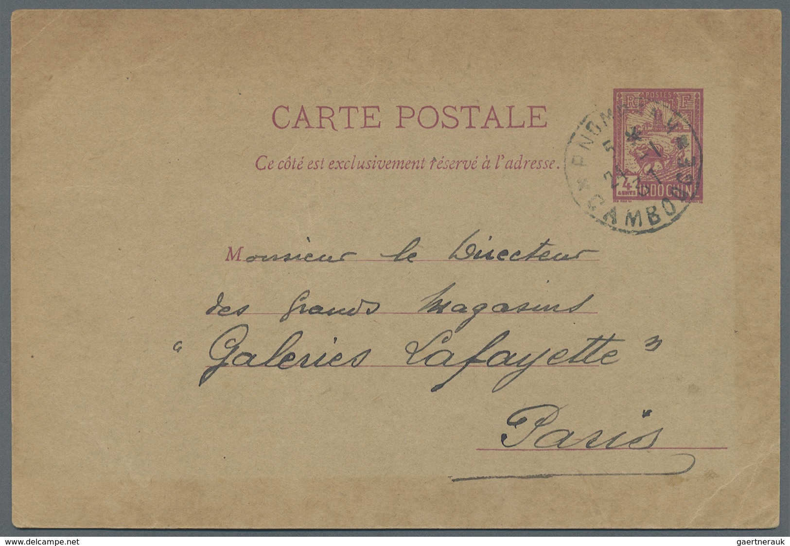 GA Kambodscha: 1931. Indo-China Postal Stationery Card (toned/faults) 4c Purple (C.F. 18) Cancelled By - Cambodja