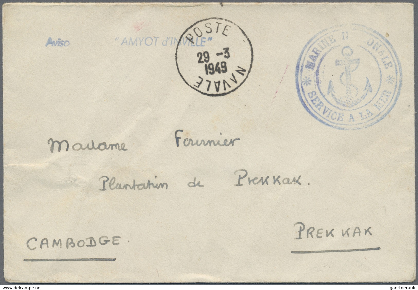 Br Kambodscha: 1949. Stampless Envelope Addressed To Prek-Kam, Cambodia Written From The French Navy Sh - Cambodja