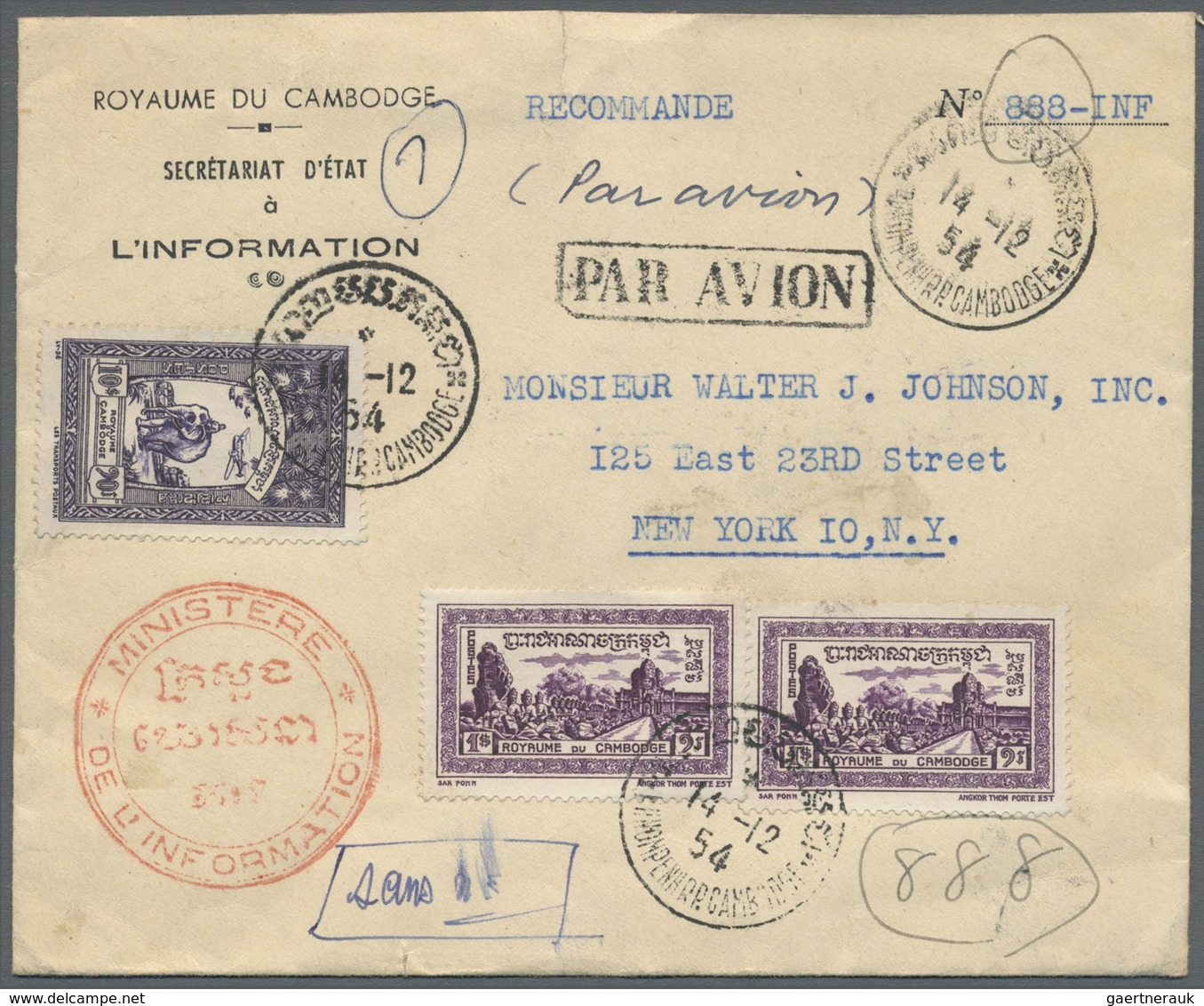 Br Kambodscha: 1954, Registered Airmail-letter (small Tear) Bearing 10 $, 3x 1 $ And 50 C With Imprint - Cambodja