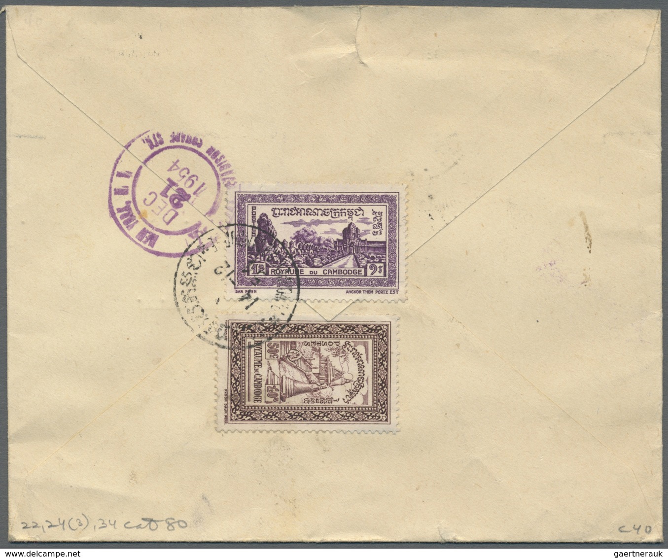 Br Kambodscha: 1954, Registered Airmail-letter (small Tear) Bearing 10 $, 3x 1 $ And 50 C With Imprint - Cambodia