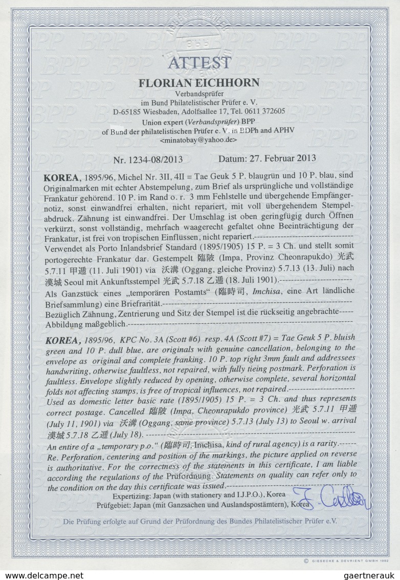 Br Korea: 1895/96, Tae Geuk 5 P. Bluish Green Resp. 10 P. Dull Blue (3 Mm Pulled Perfs And Handwriting - Korea (...-1945)