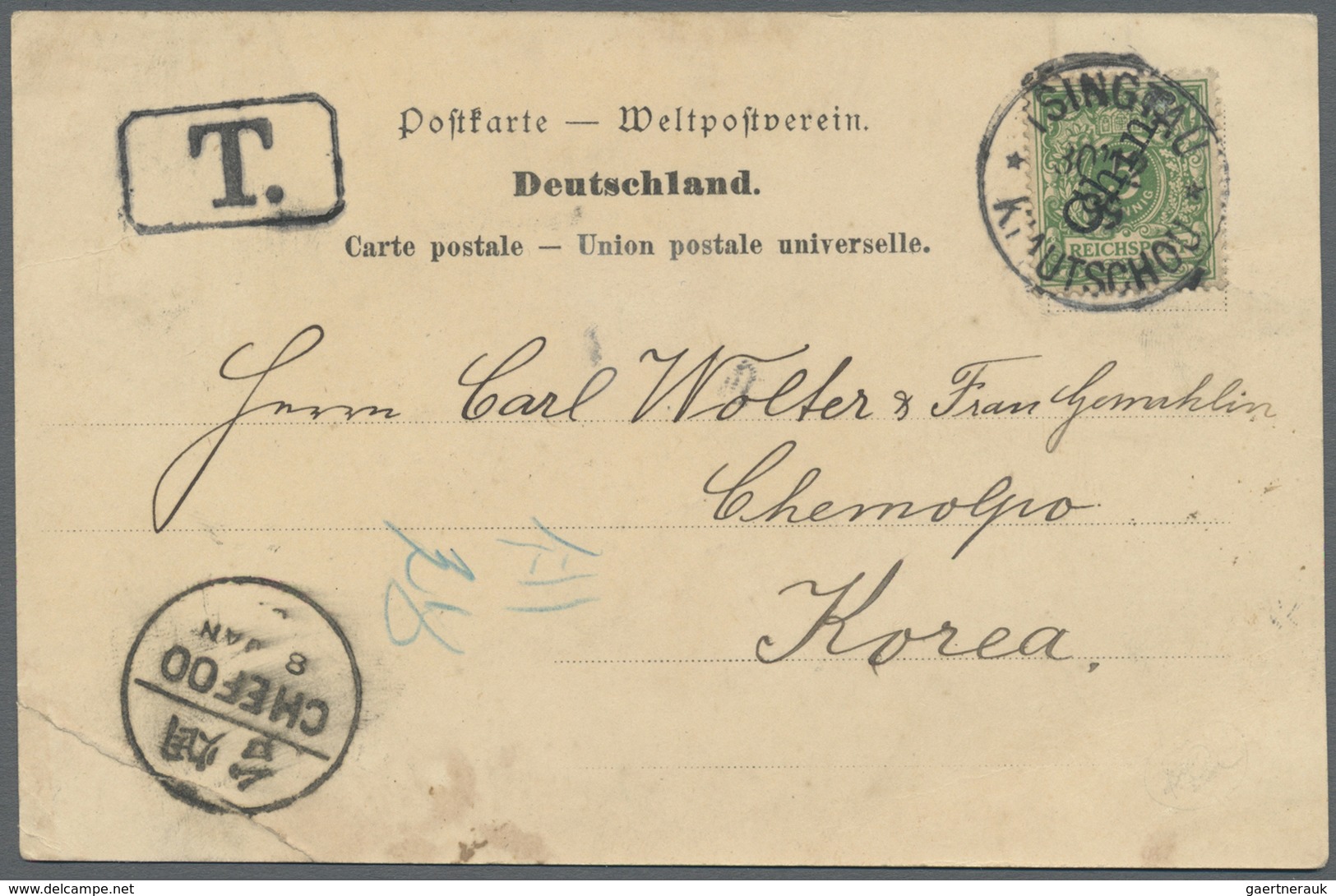 Korea: 1899, Incoming Mail, Kiautschou Forerunner 5 Pf. Tied "TSINGTAU 30/12 99" To Ppc (Tsintau Vil - Korea (...-1945)