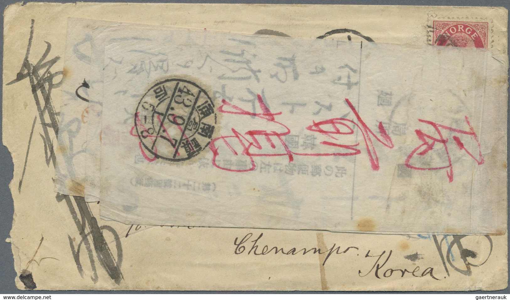 Br Korea: 1910, Incoming Mail, Norway: 10 Oe. (one More Fallen Off En Route, Envidenced By Inchon Dates - Korea (...-1945)