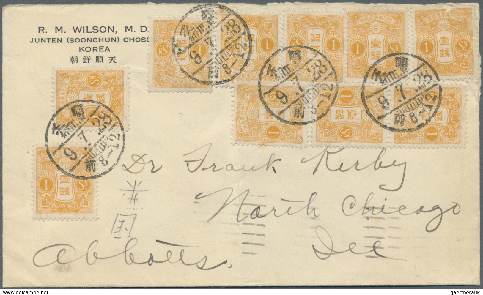 Br Korea: 1934. Envelope Written From Junten (Soonchun) Addressed To Chicago Bearing Japan SG 231, 1s Y - Korea (...-1945)