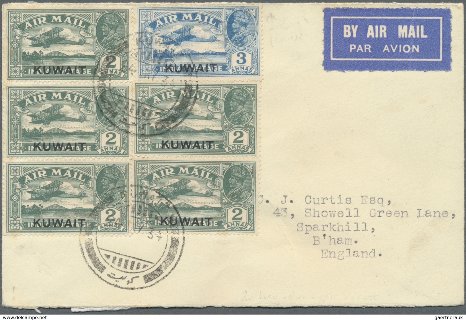 Br Kuwait: 1934, Airmails 2a. Deep Blue-green (5) And 3a. Blue, Attractive Franking On Arimail Cover Fr - Koeweit