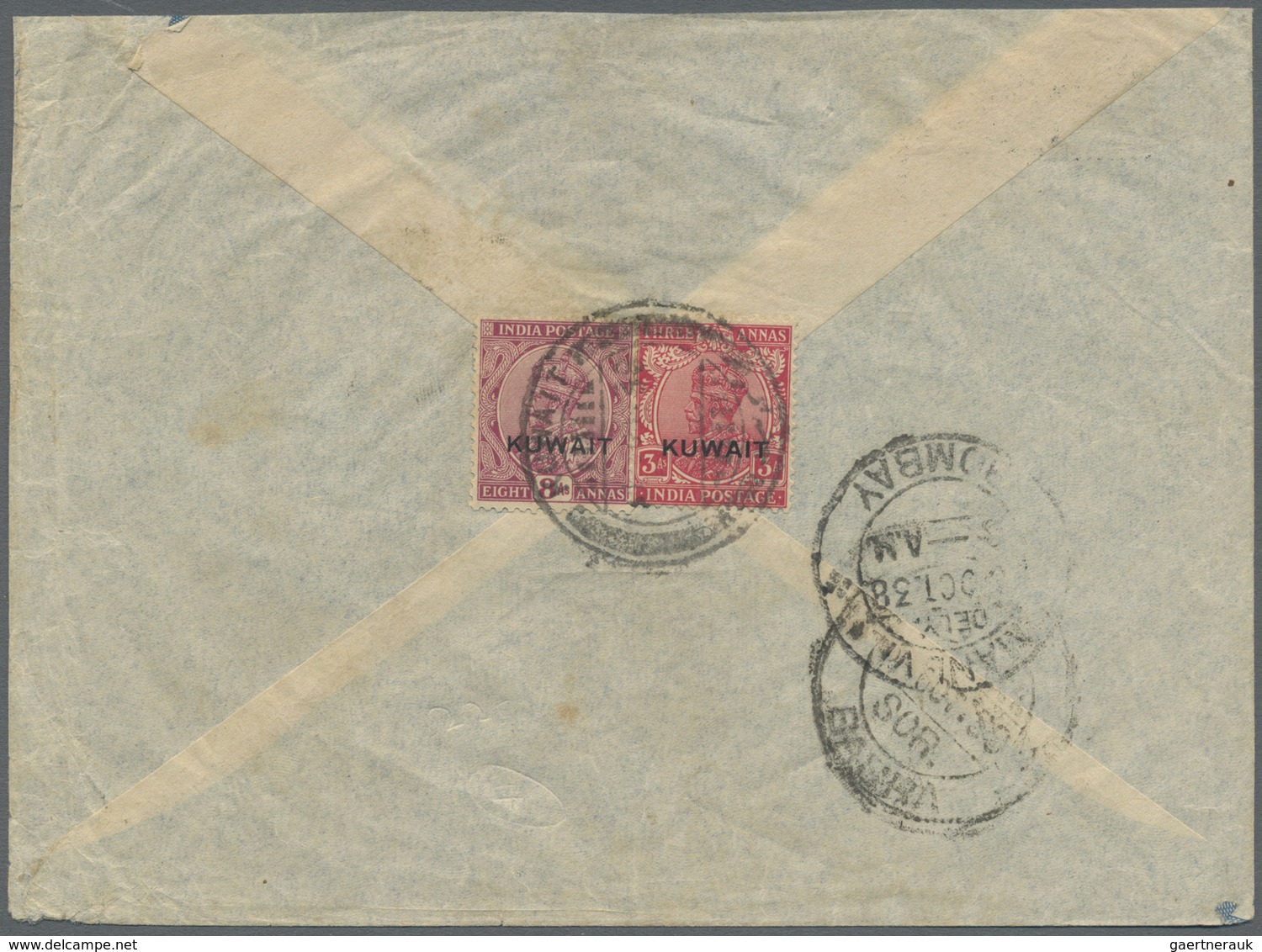 Br Kuwait: 1938. Air Mail Envelope (top Shortened) Addressed To India Bearing SG 21, 3a Carmine And SG - Kuwait