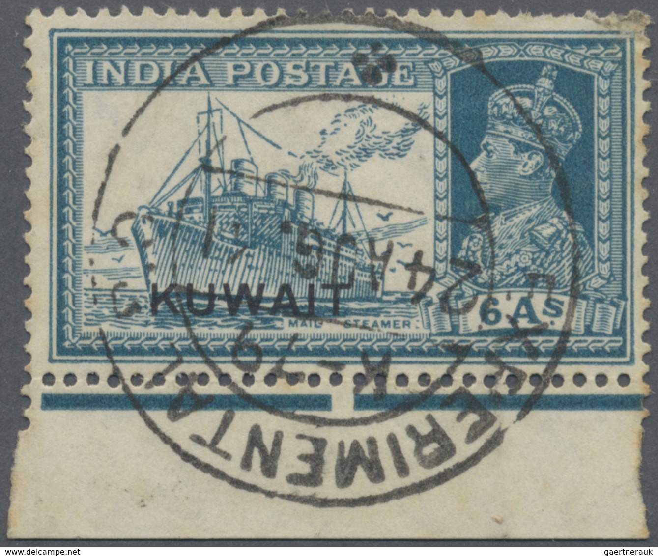 O Kuwait: 1941, India 6a. Turquoise-green, Bottom Marginal Copy (slight Imperfections), Clearly Oblit. - Kuwait