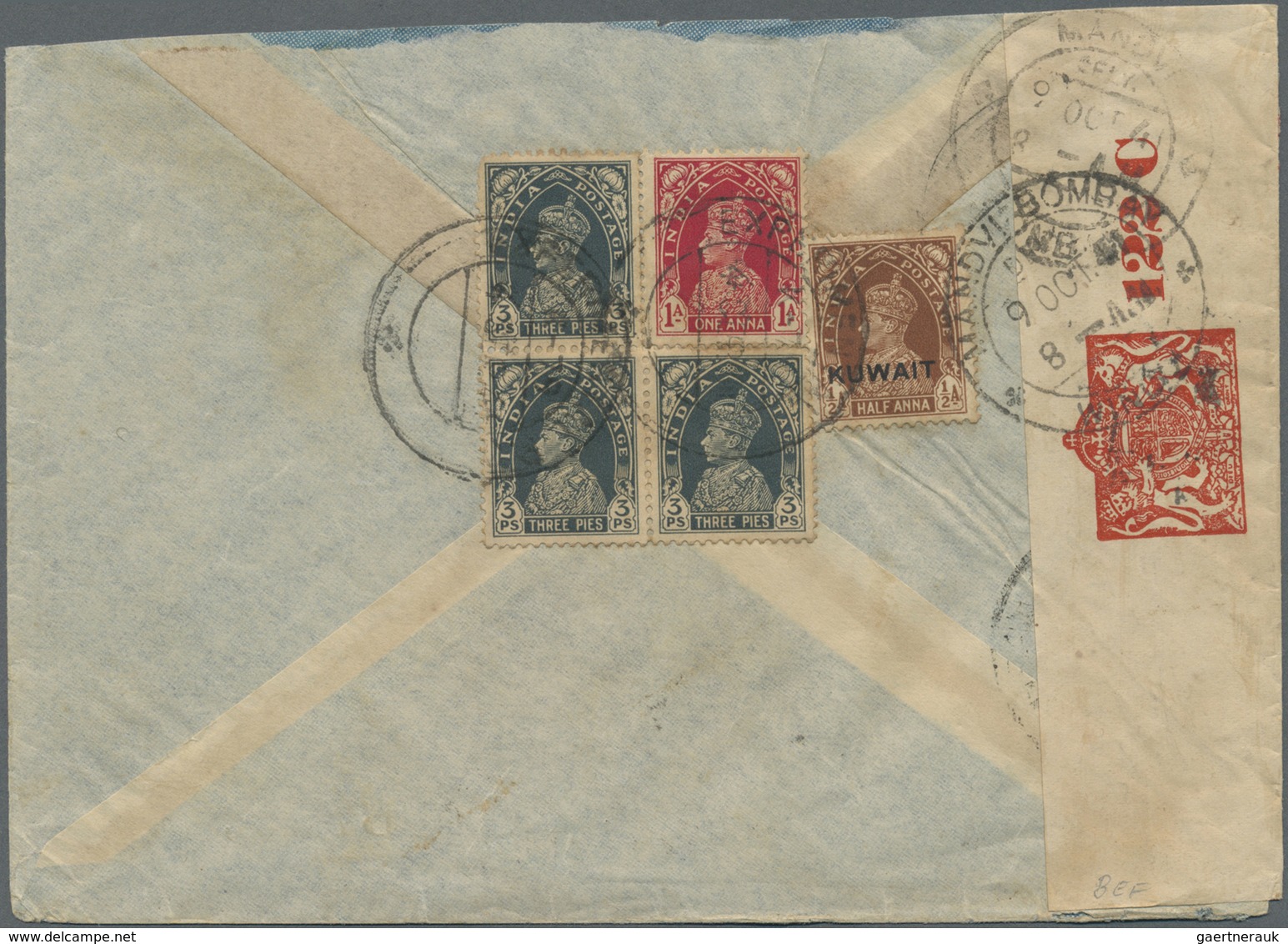 Br Kuwait: 1941, India 3pi. Slate (3), 1a. Red And Kuwait ½a. Red-brown On Reverse Of Airmail Cover Obl - Kuwait
