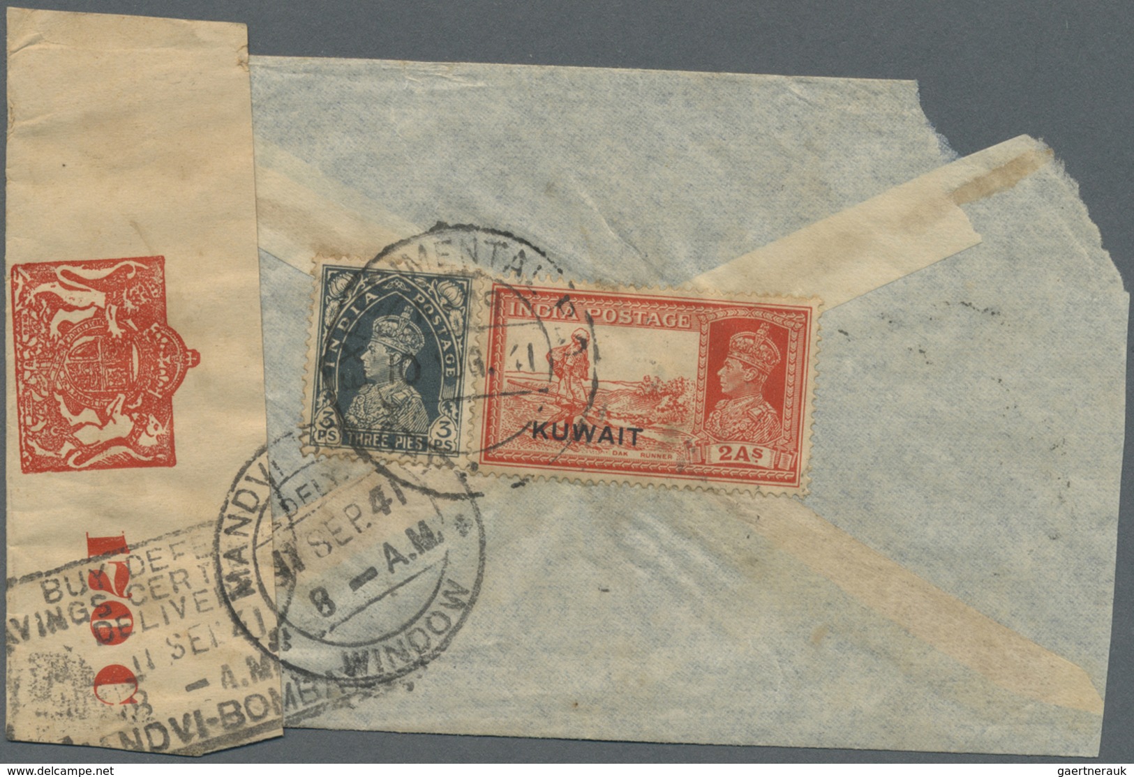 Br Kuwait: 1941, India 3pi. Slate And Kuwait 2a. Vermilion On Reverse Of Airmail Cover Oblit. By C.d.s. - Kuwait