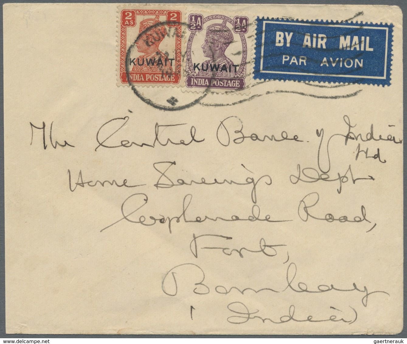 Br Kuwait: 1943. Air Mail Envelope Addressed To India Bearing SG 53, ½a Purple And SG 57, 2a Vermilion - Koeweit