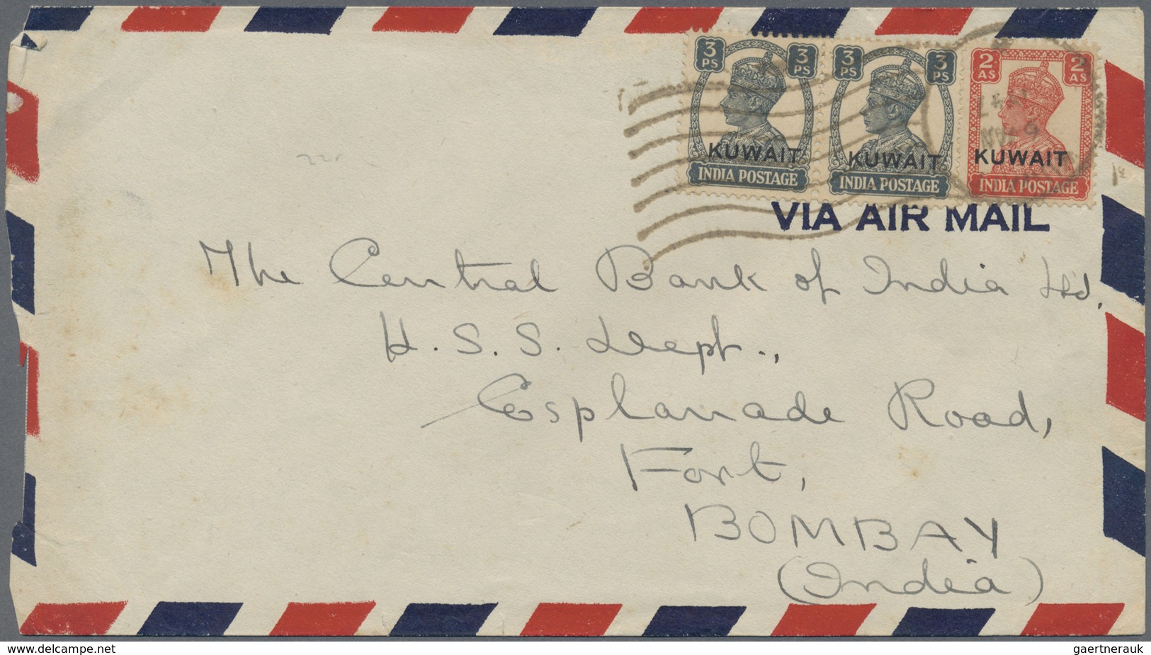 Br Kuwait: 1947. Air Mail Envelope (usual Small Opening Faults) Addressed To India Bearing SG 52, 3p Sl - Kuwait