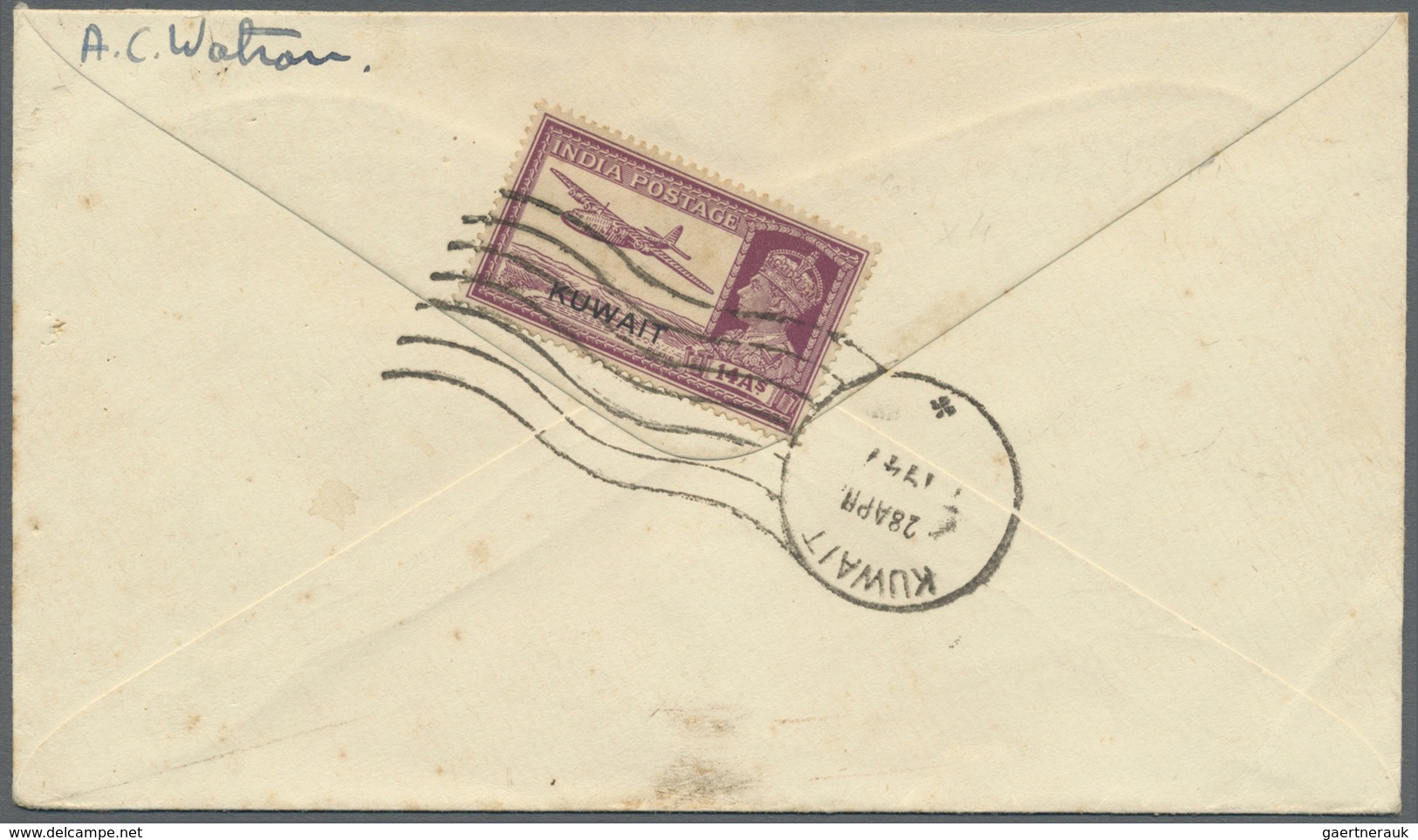 Br Kuwait: 1947. Envelope (small Faults) To Glasgow Bearing SG 63, 14a Purple Tied By Kuwait Roller, En - Koeweit