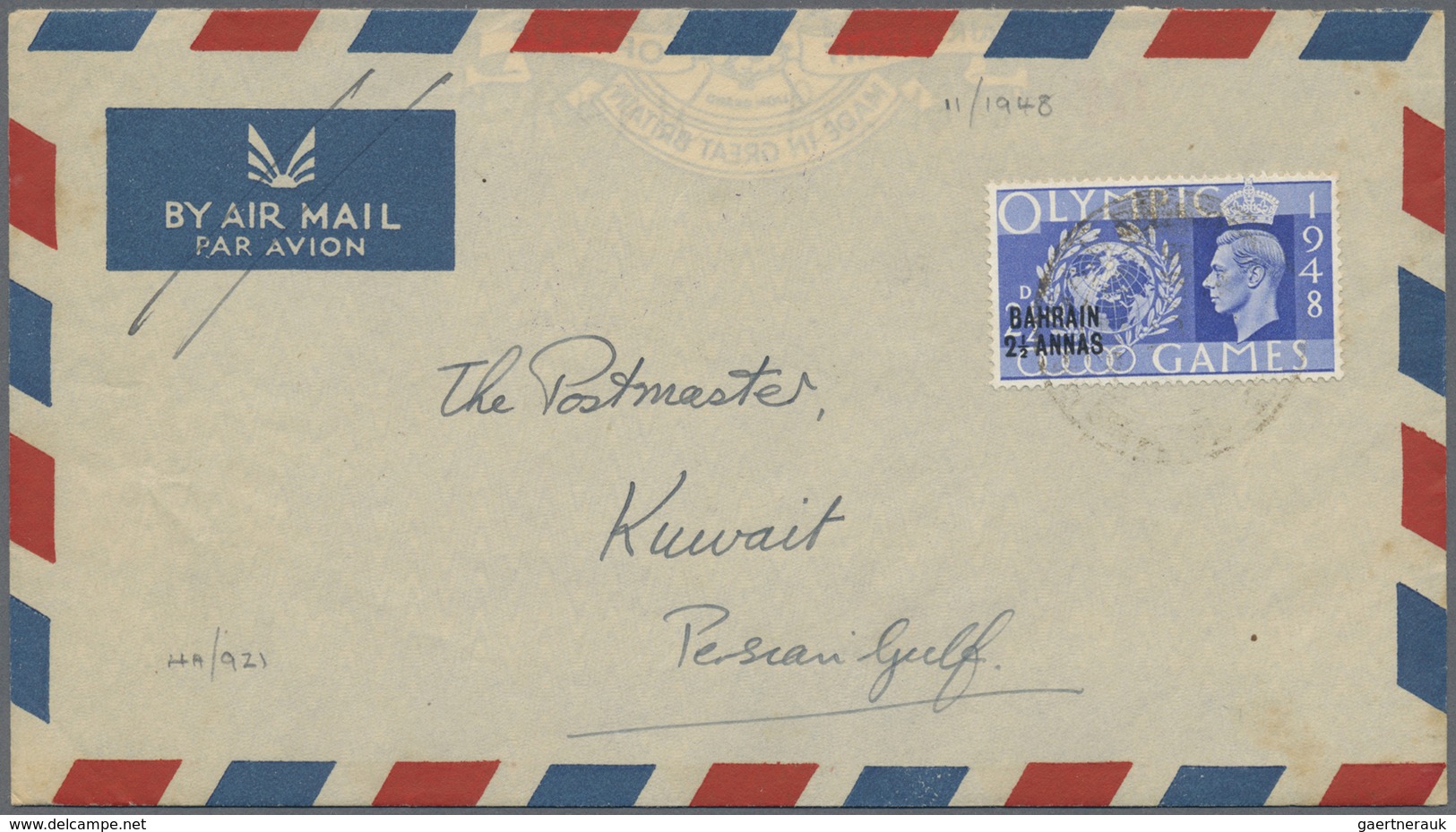 Br Kuwait: 1948, Incoming Cover From Bahrein W. London Olympics 2 1/2d W.  Arrival "KUWAITT 4 NOV 48", - Koeweit