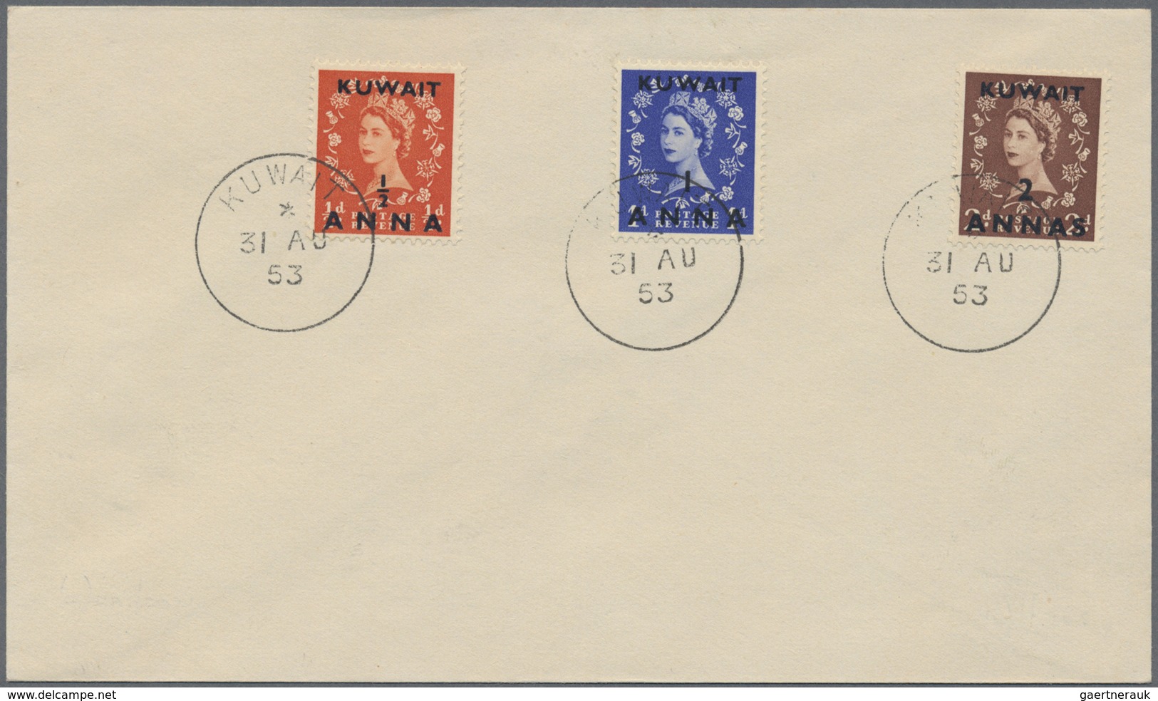 Kuwait: 1952/53, QEII, Four Different FDC, One Real Used To US. - Kuwait