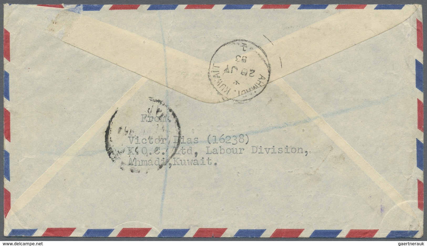 Br Kuwait: 1953. Registered Air Mail Envelope Addressed To Bardez Goa, Portuguese India Bearing SG 70, - Koeweit