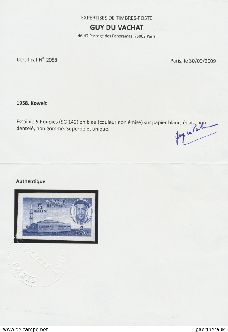 (*) Kuwait: 1959. Imperforate Color Trial Proof For Definitive 5r In Blue Instead Of Issued Green, Thick - Koeweit