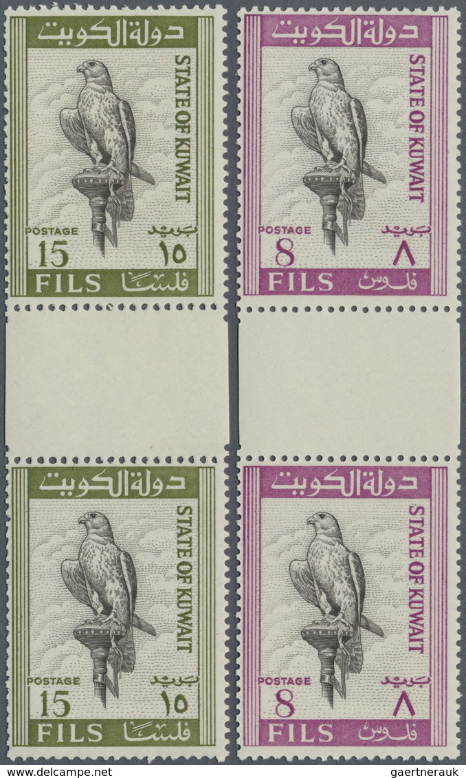 ** Kuwait: 1965. Complete FALCON set (8 values) in vertical gutter pairs. Mint, NH. (Mi #285/92)