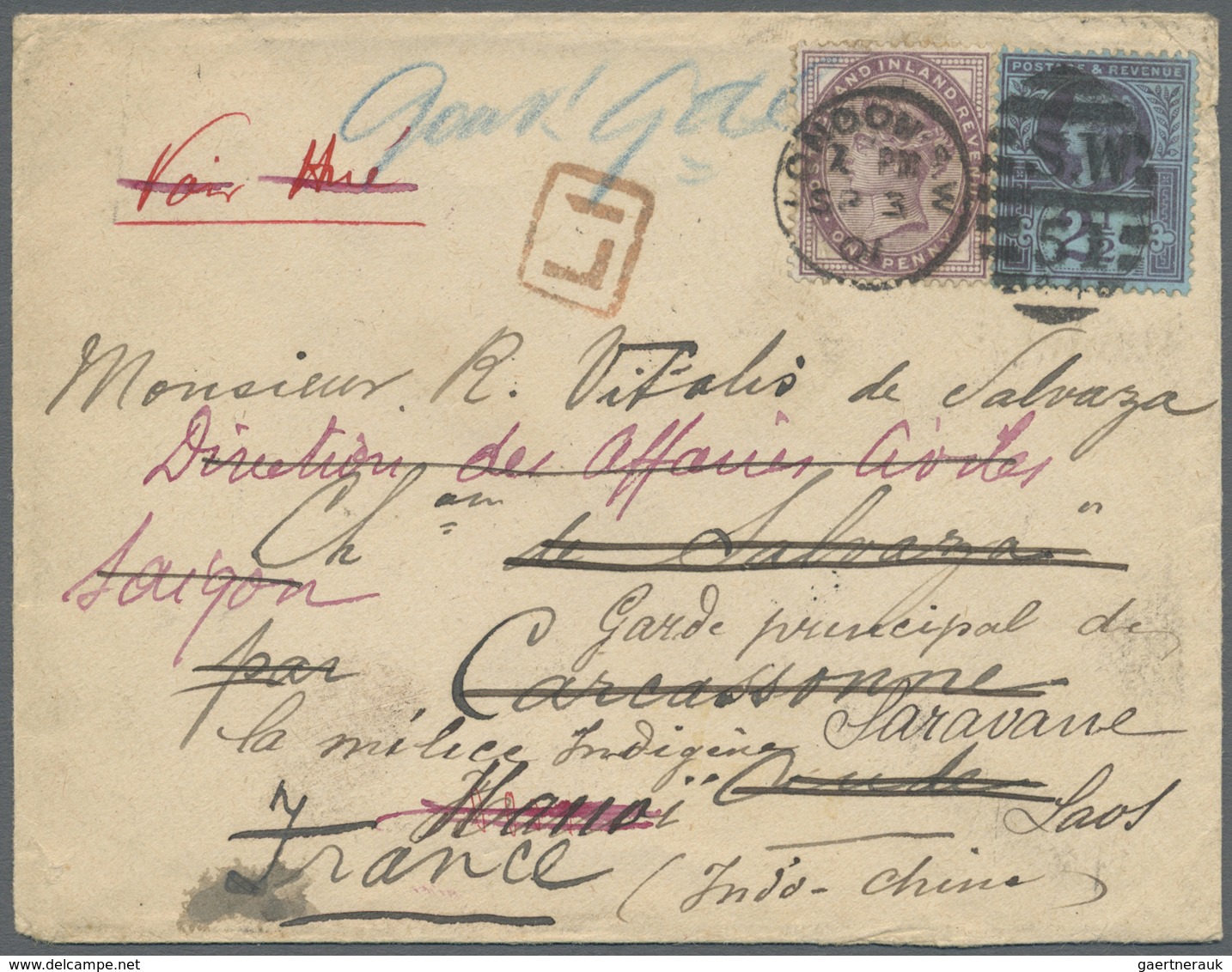 Br Laos: 1901. Envelope Addressed To Saravane, Laos Bearing Great Britain SG 174, 1d Lilac And SG 201, - Laos