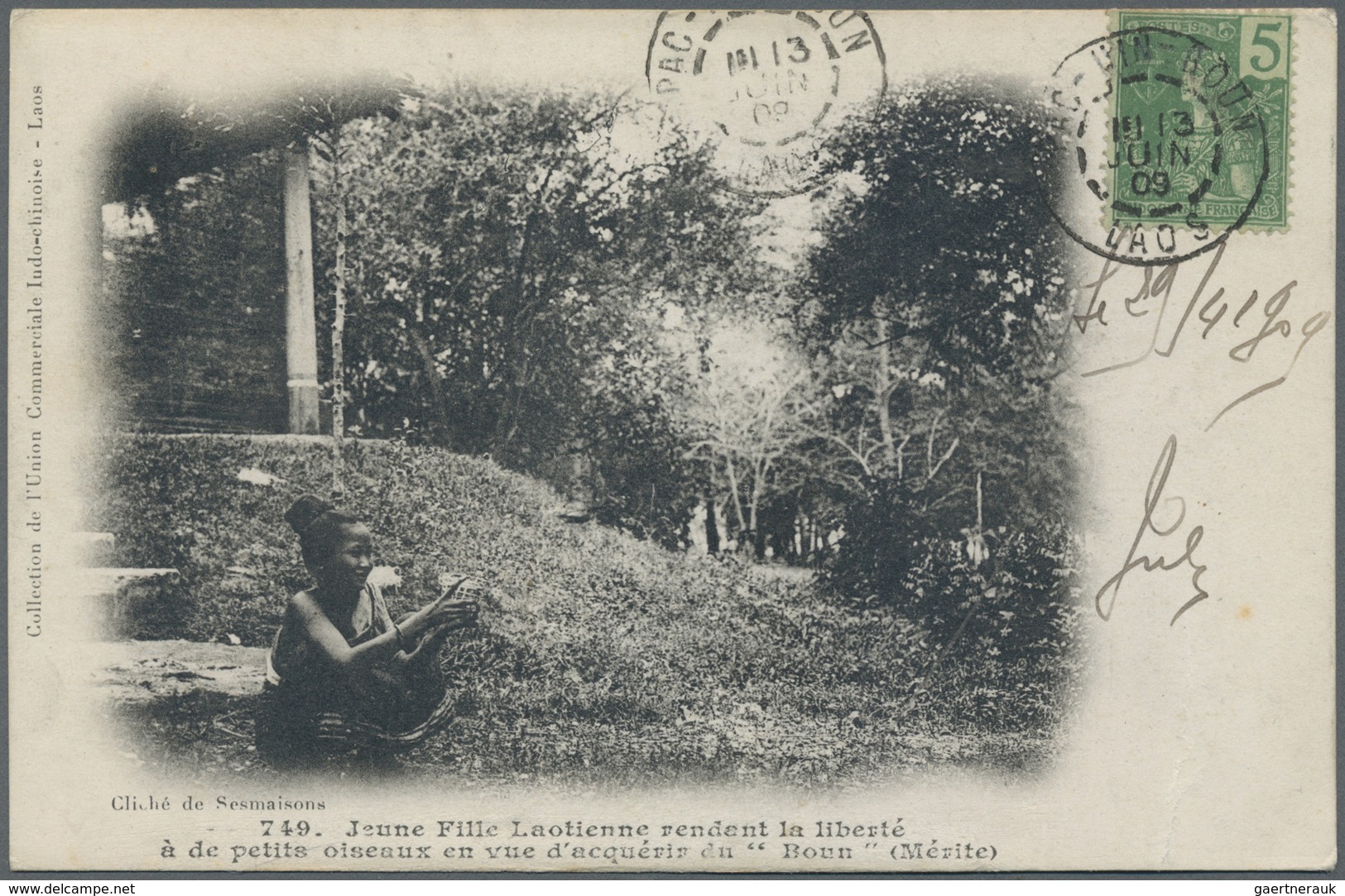 Br Laos: 1904, 5 C Green With Cds PAC-HIN-BOUN / LAOS, 13 JUIN 09, On Picture Postcard "Jeune Fille Lao - Laos