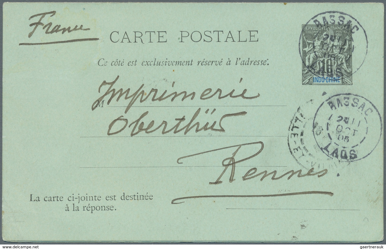 GA Laos: 1905, Used Indochina Postal Stationery Double Card (1892 Issue) From BASSAC, LAOS To Rennes, F - Laos