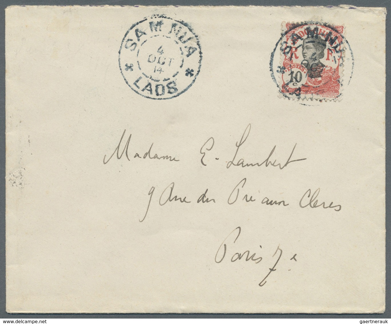 Br Laos: 1914. Envelope Addressed To Paris Bearing French Indo-China SG 55, 10c Scarlet Tied By Sam-Nua - Laos