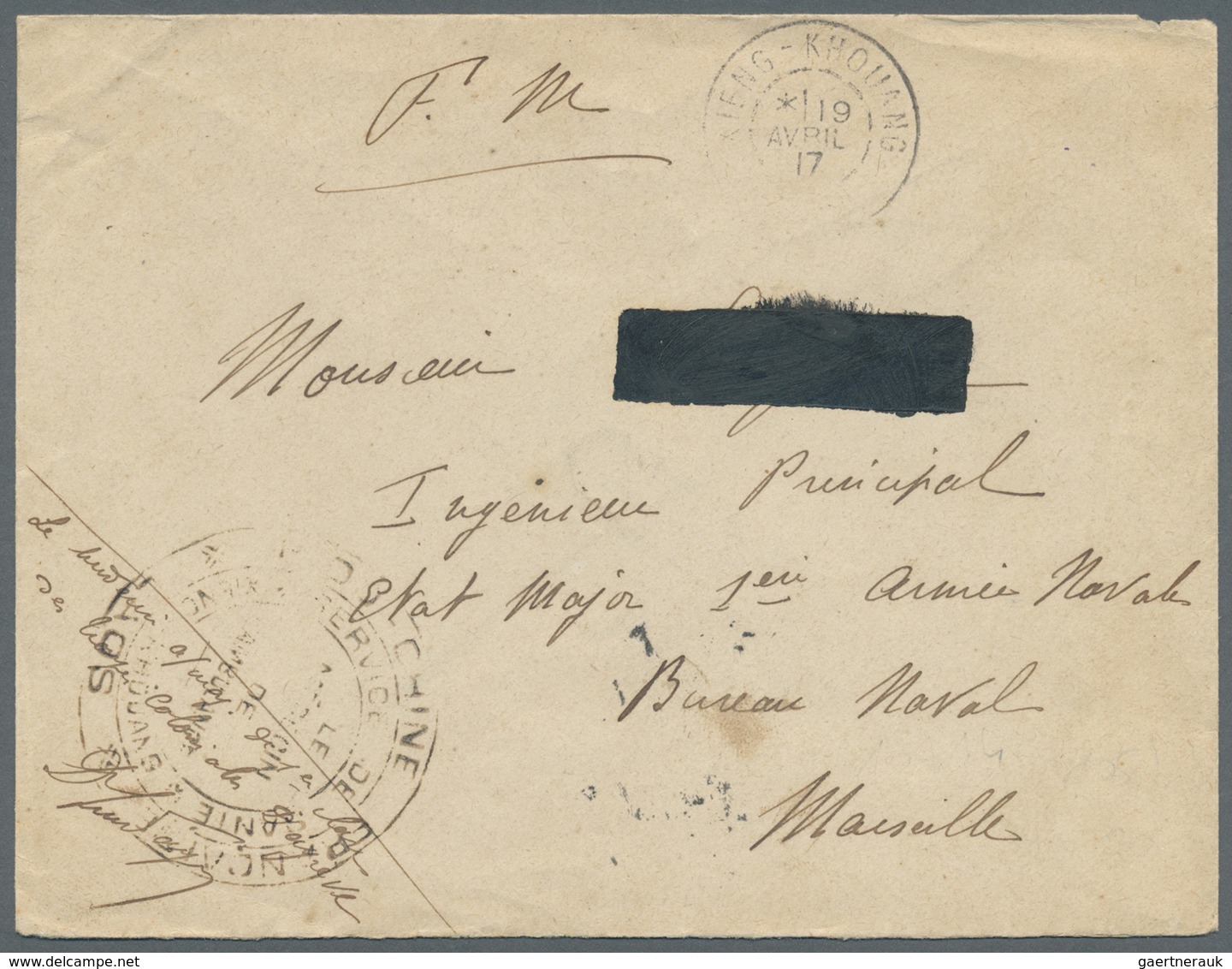 Br Laos: 1917. Stampless Military Mail Envelope (name Deleted) Endorsed 'F.M.' Addressed To Marseille C - Laos