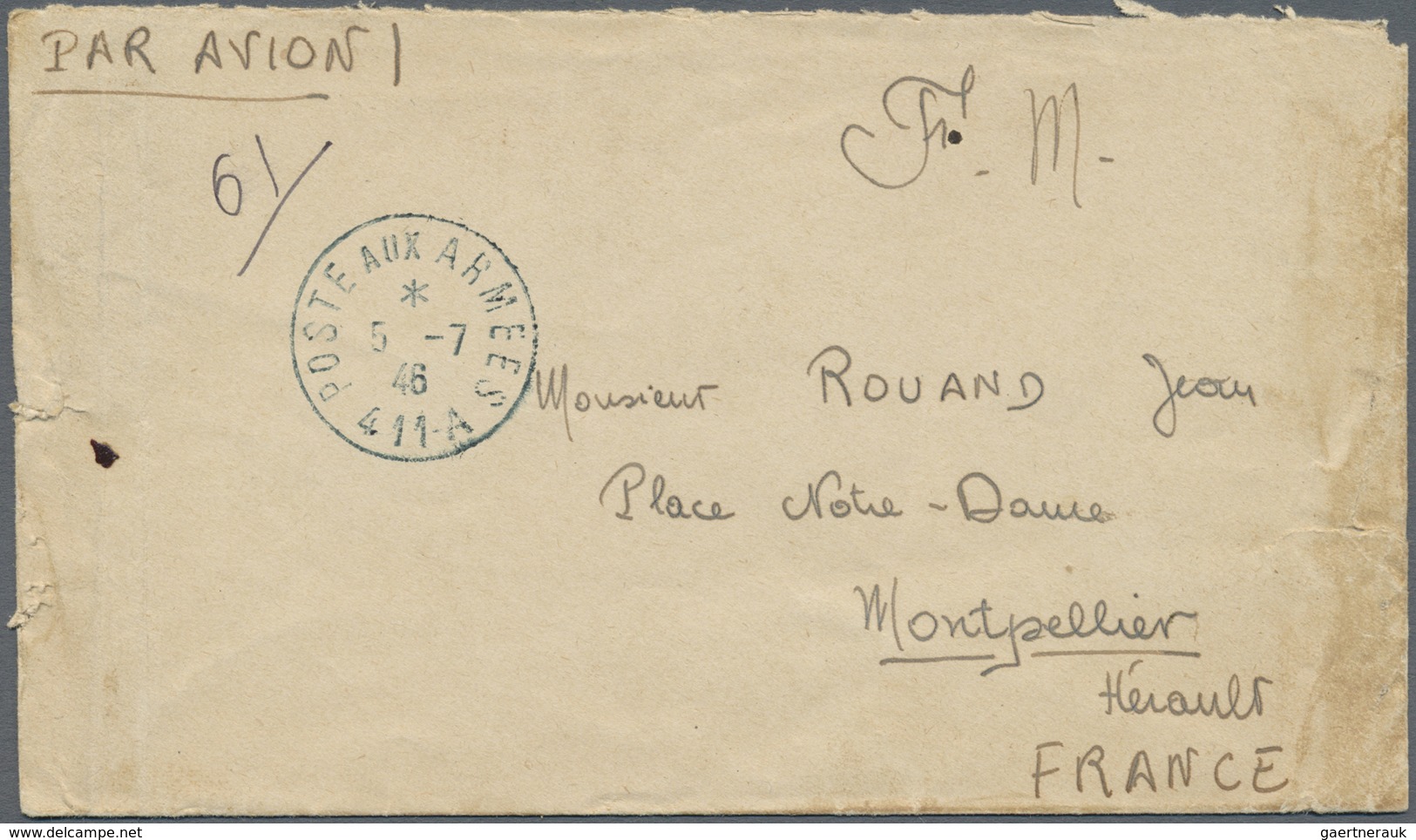 Br Laos: 1946. Stampless Air Mail Envelope (faluts/tears) Written From 'BPM 405A' French Troops In Paks - Laos