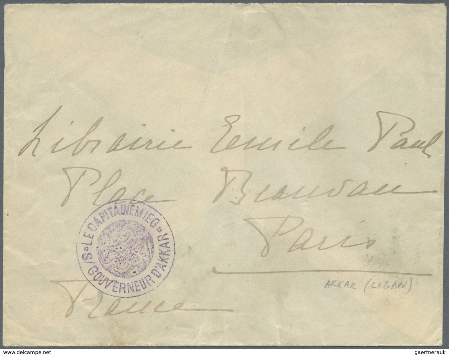 Br Libanon: 1920. Military Mail Envelope Front Akkar, Lebanon Addressed To Paris Cancelled By Bilingual - Liban