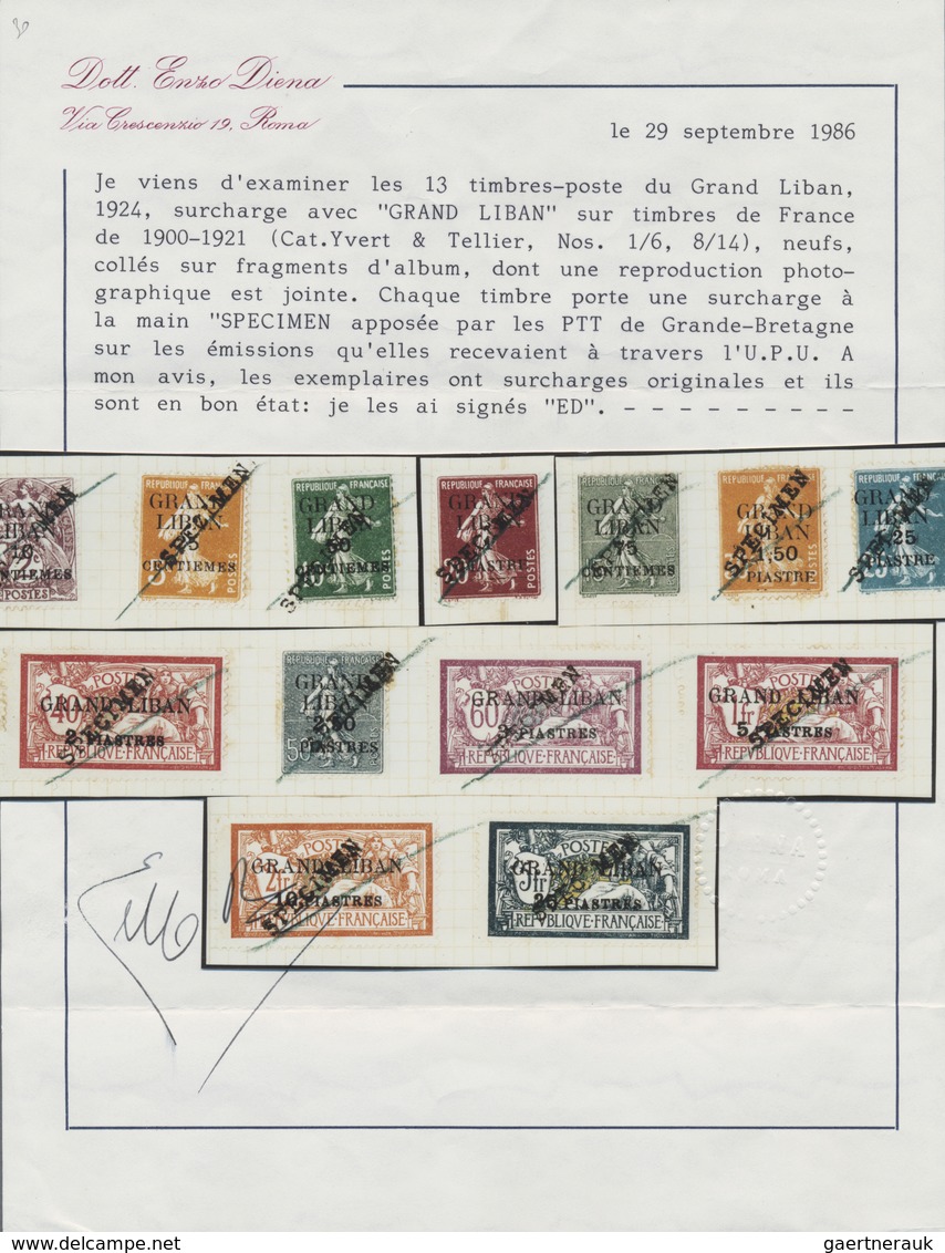 Brfst Libanon: 1924, 21 Jan, GRAND LIBAN Overprints, 10c. To 25pi., 13 Values Complete With SPECIMEN Overp - Libanon