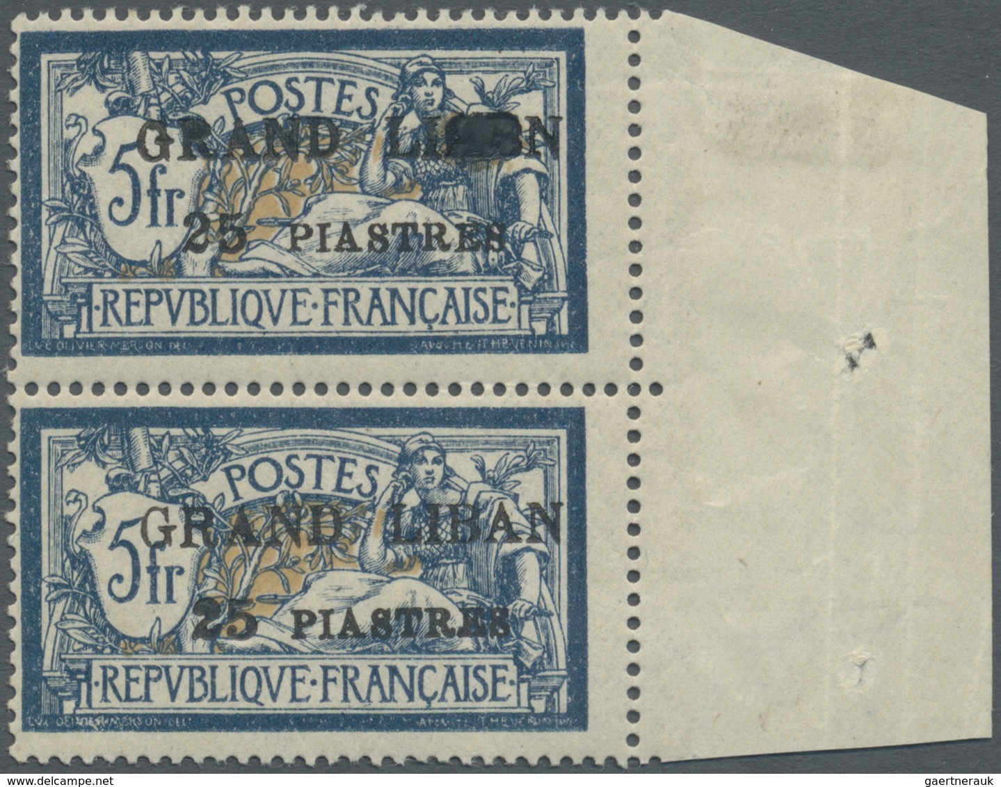 * Libanon: 1924, 25pi. On 5fr. (2mm Spacing), Right Marginal Vertical Pair, Top Stamp Showing "LIABN" - Lebanon