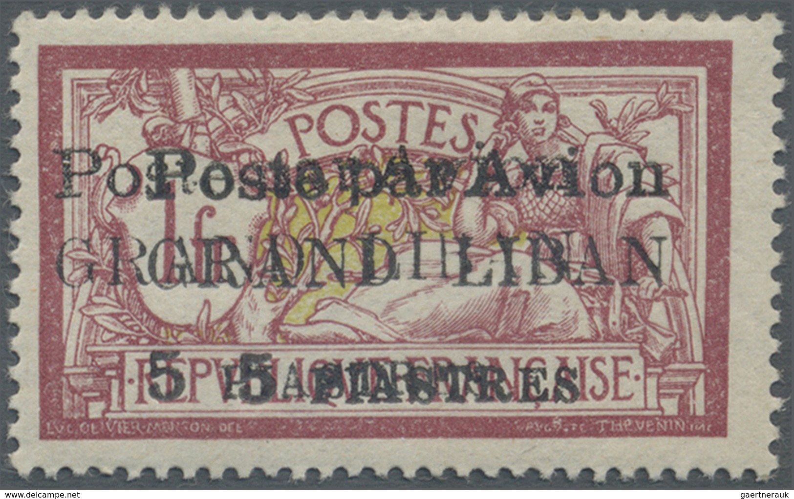 * Libanon: 1924, Airmails, 5pi. On 1fr. Red/olive With Double Overprint, Mint O.g. With Hing Remnant, - Lebanon