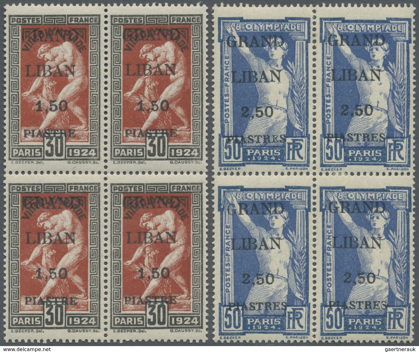 * Libanon: 1924, Olympic Games, Complete Set As Blocks Of Four, 50c. On 10c. With Variety "Small Fat A - Libanon