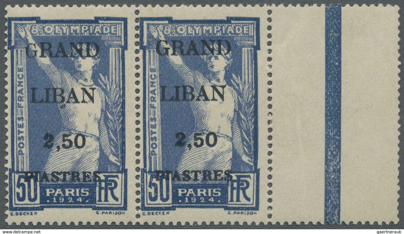 **/* Libanon: 1924, Olympic Games, 2.50pi. On 50c., Horiz. Pair Left Stamp Showing Variety "Small G In GR - Lebanon