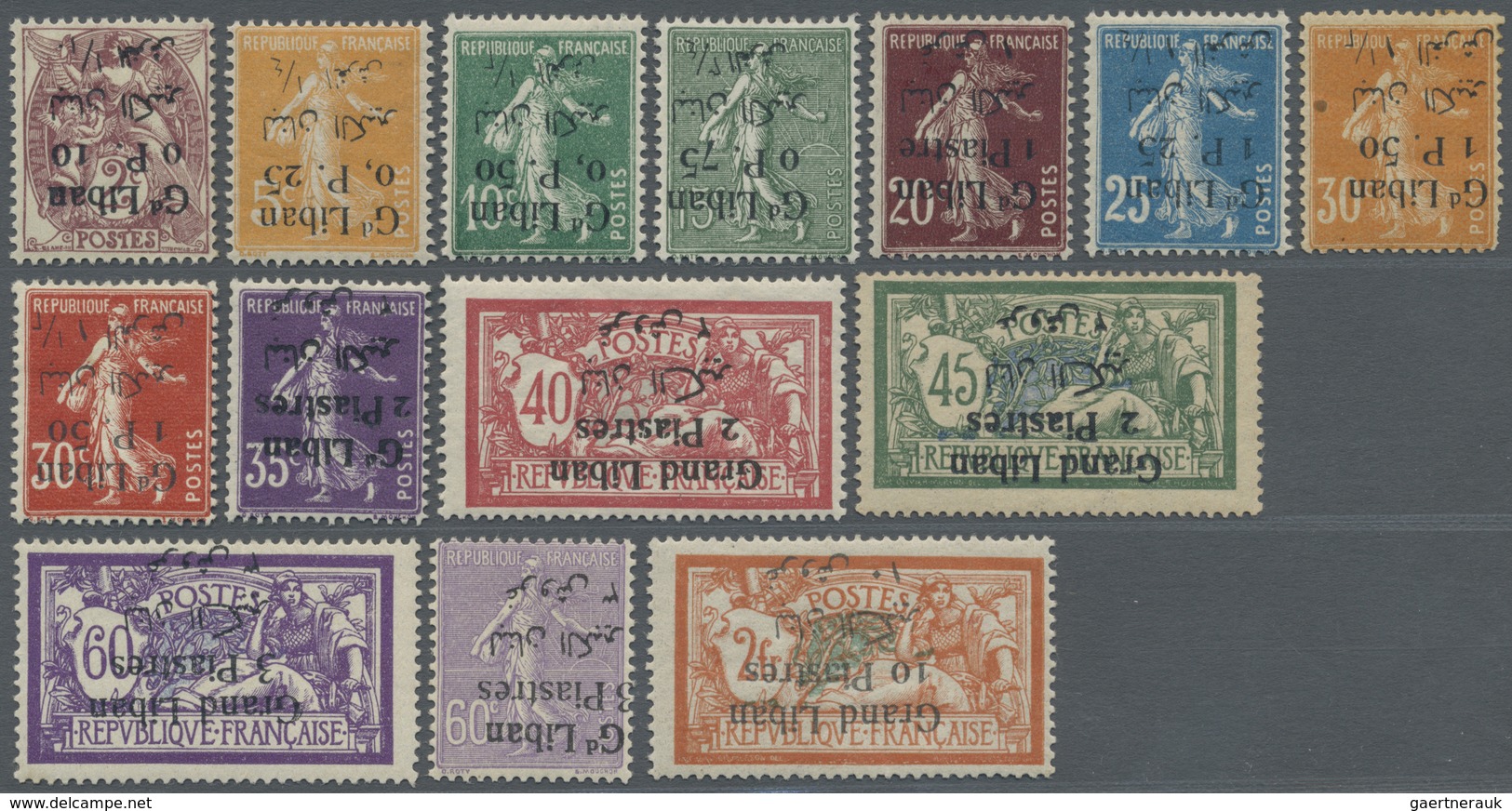 * Libanon: 1924/1925, Bilingual Overprints, 14 Values With Inverted Surcharge (1.50pi. On 30c. Orange - Libanon