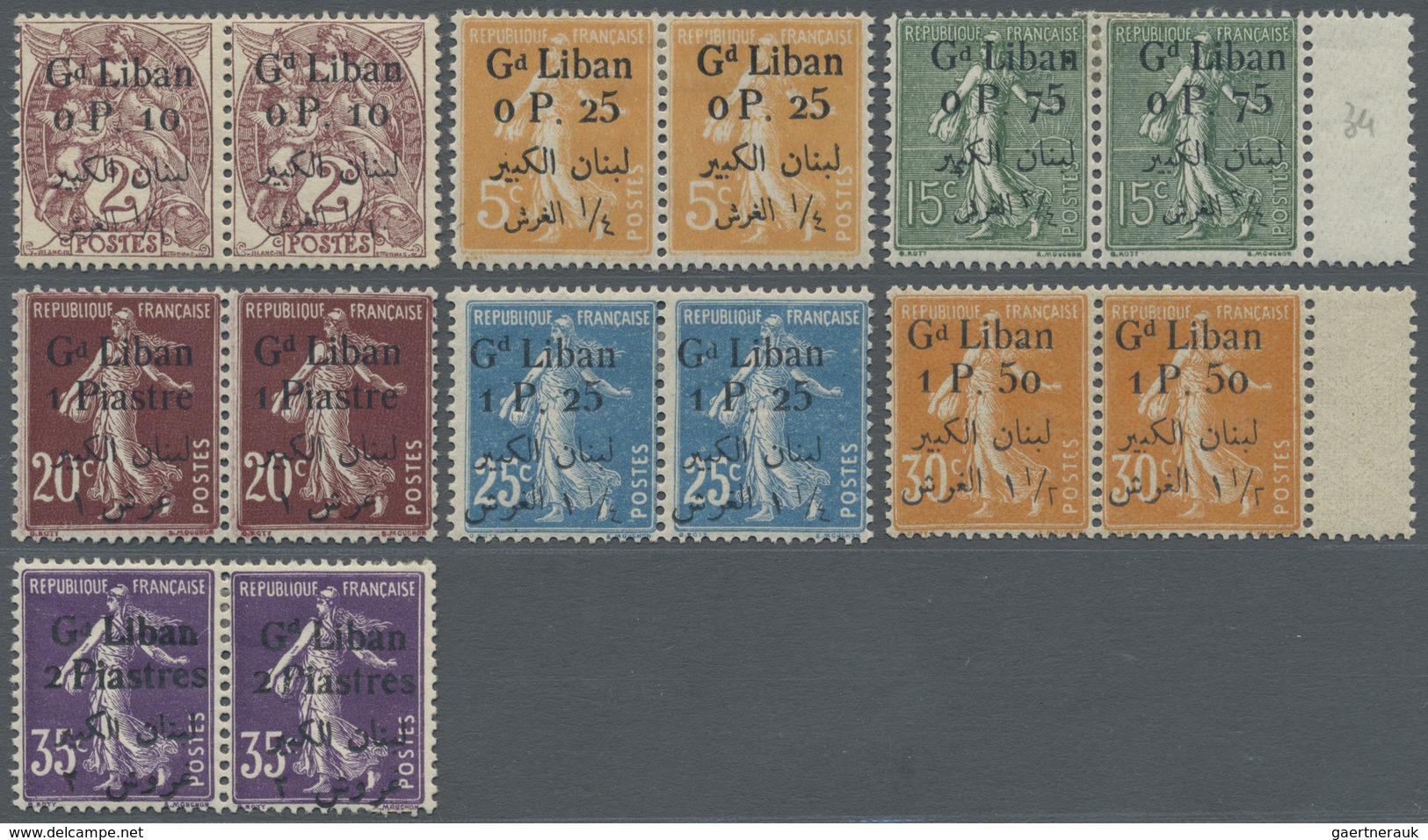 */** Libanon: 1924/1925, Bilingual Overprints, Ten Values As Horiz. Pair (8) Resp. Block Of Four (2), One - Lebanon