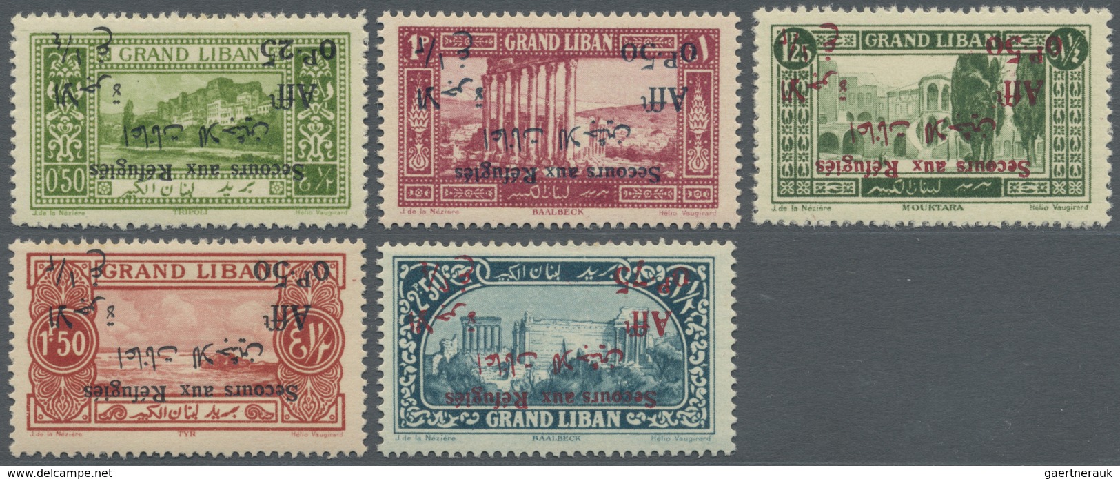 ** Libanon: 1926, War Refugee Relief, Group Of Five Values With Inverted Overprint, Unmounted Mint. Mau - Lebanon