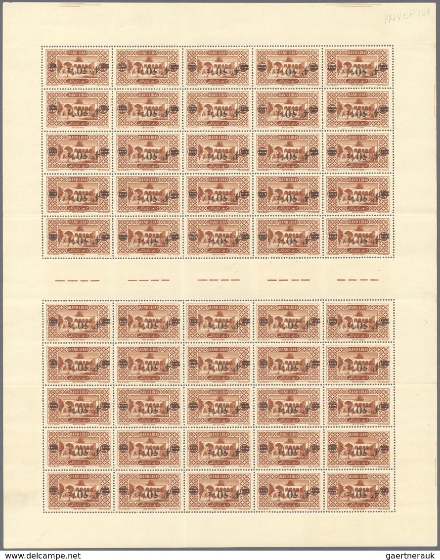 ** Libanon: 1926, 4.50pi. On 0.75pi. Brownish Red, INVERTED Overprint, (folded) Sheet Of 50 Stamps With - Lebanon